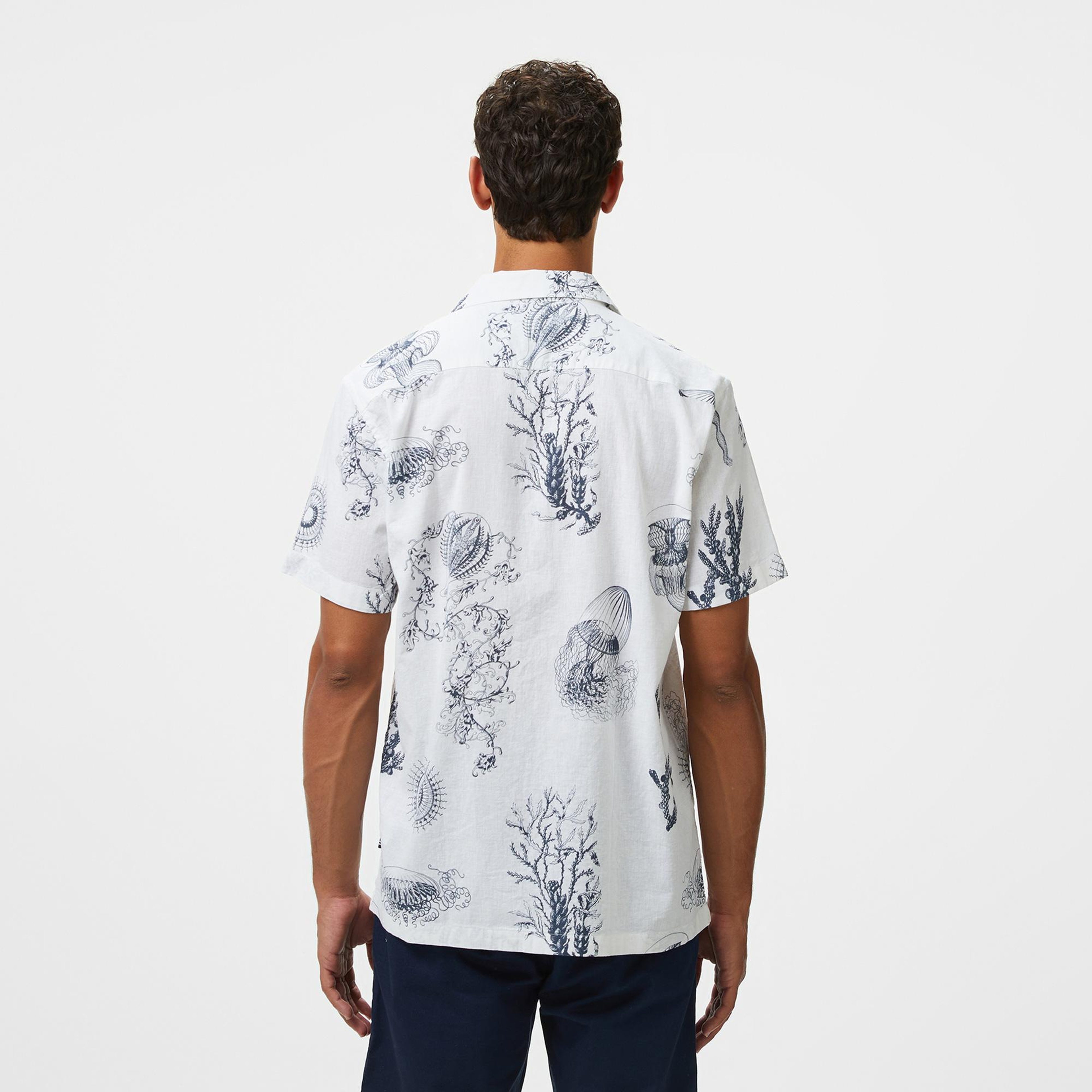 Nautica Erkek Beyaz Classic Fit Desenli Keten Karışımlı Gömlek