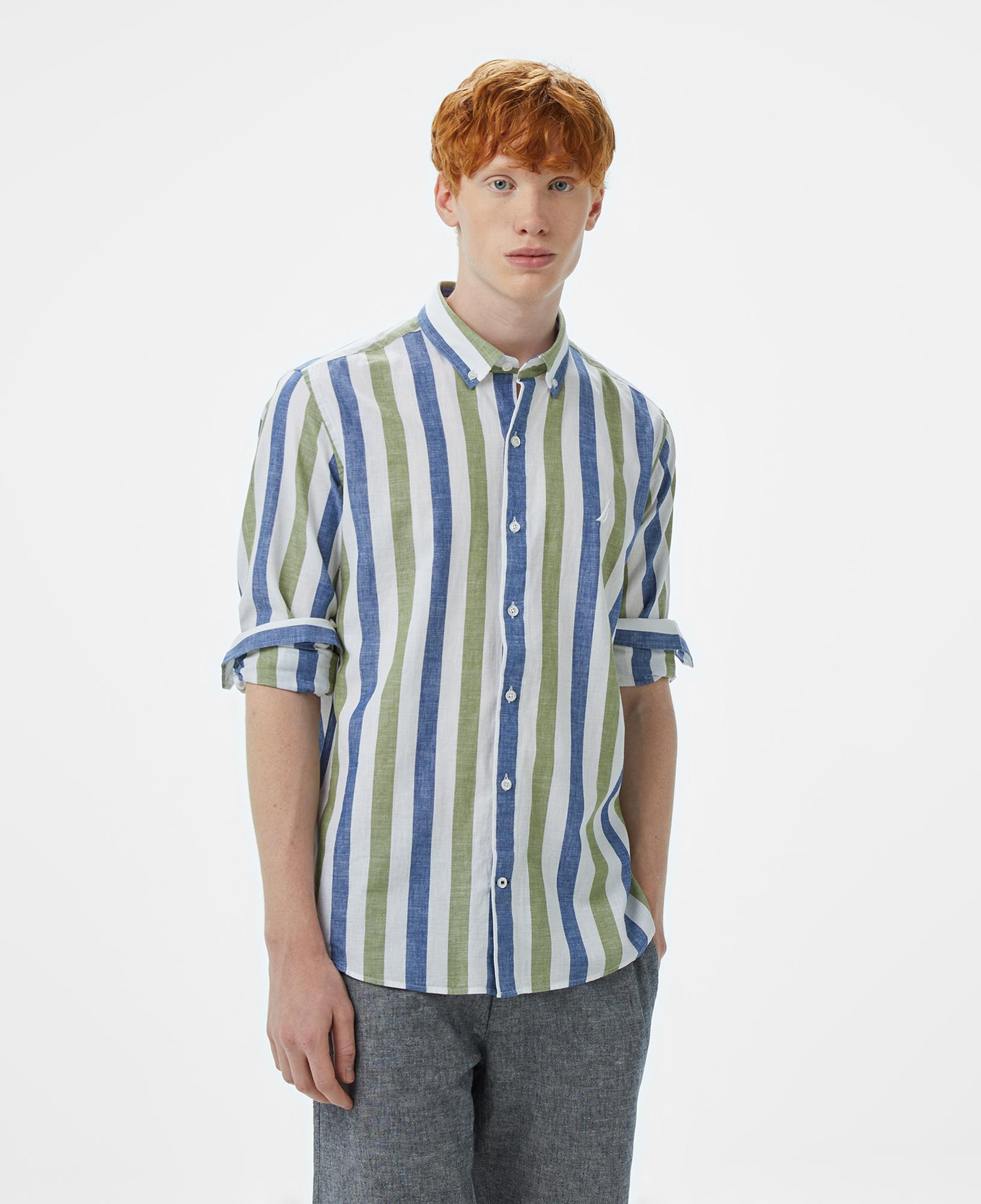 Nautica Erkek Yeşil Classic Fit Çizgili Keten Karışımlı Gömlek