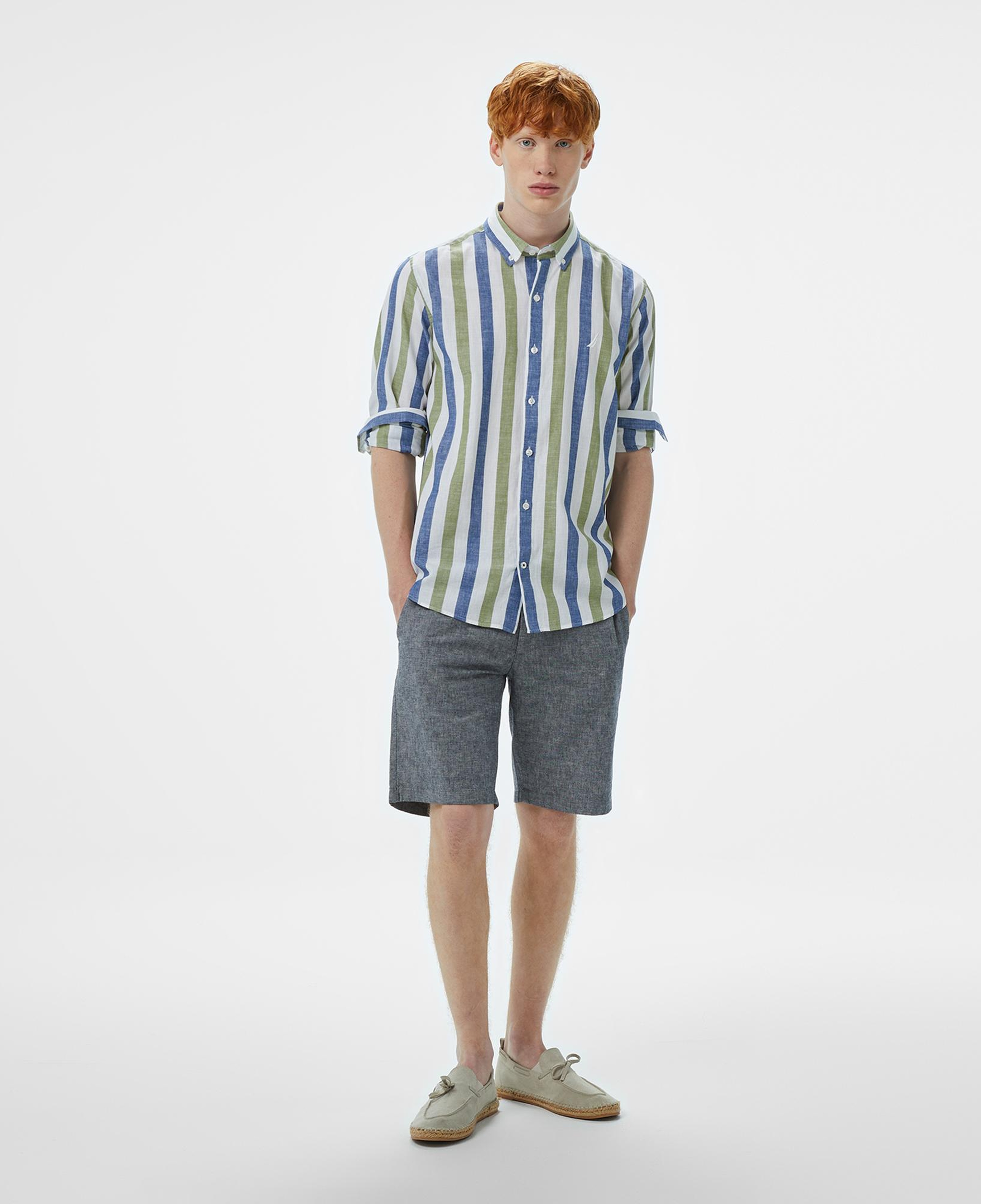 Nautica Erkek Yeşil Classic Fit Çizgili Keten Karışımlı Gömlek