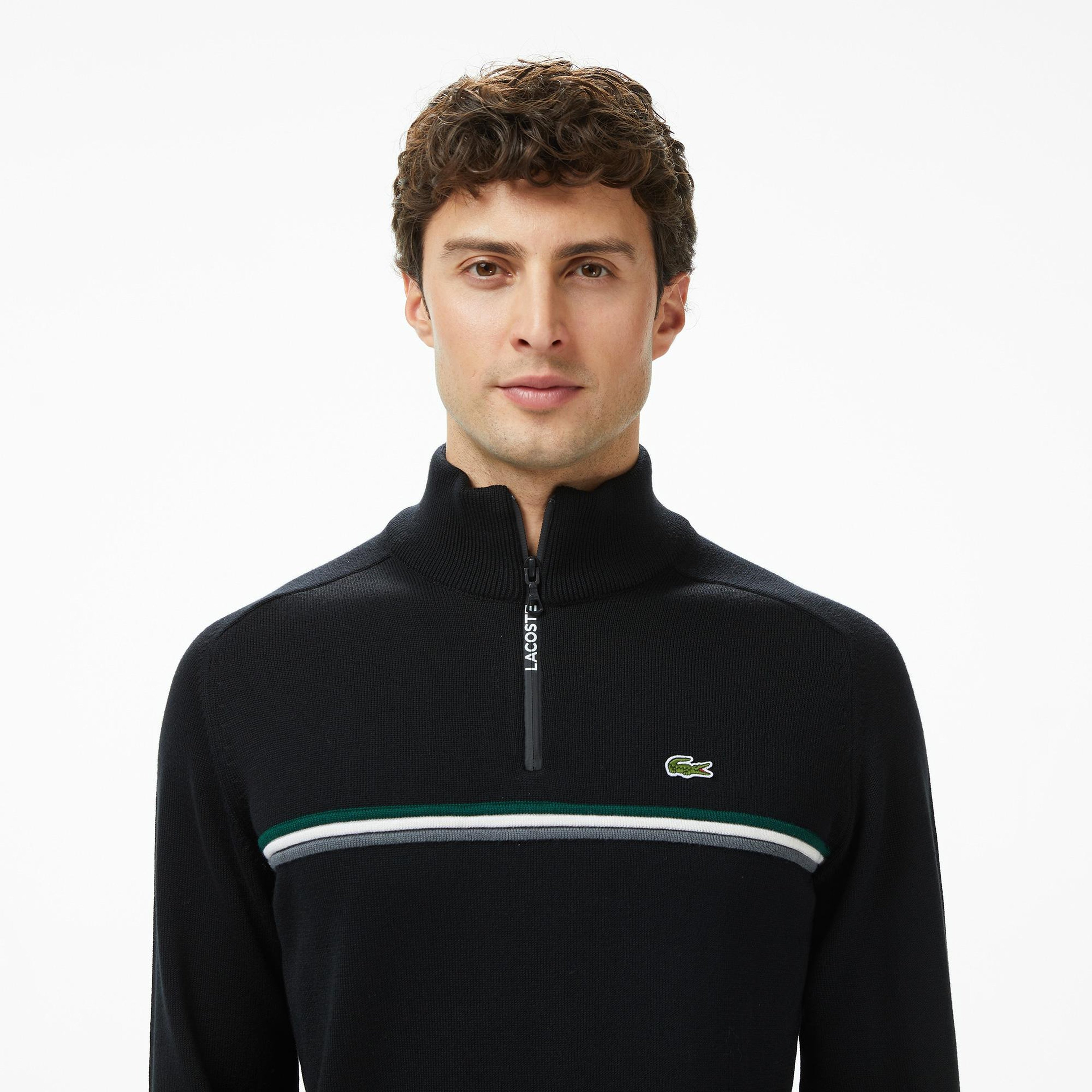 Erkek Classic Fit Yarım Fermuarlı Çizgili Siyah Kazak