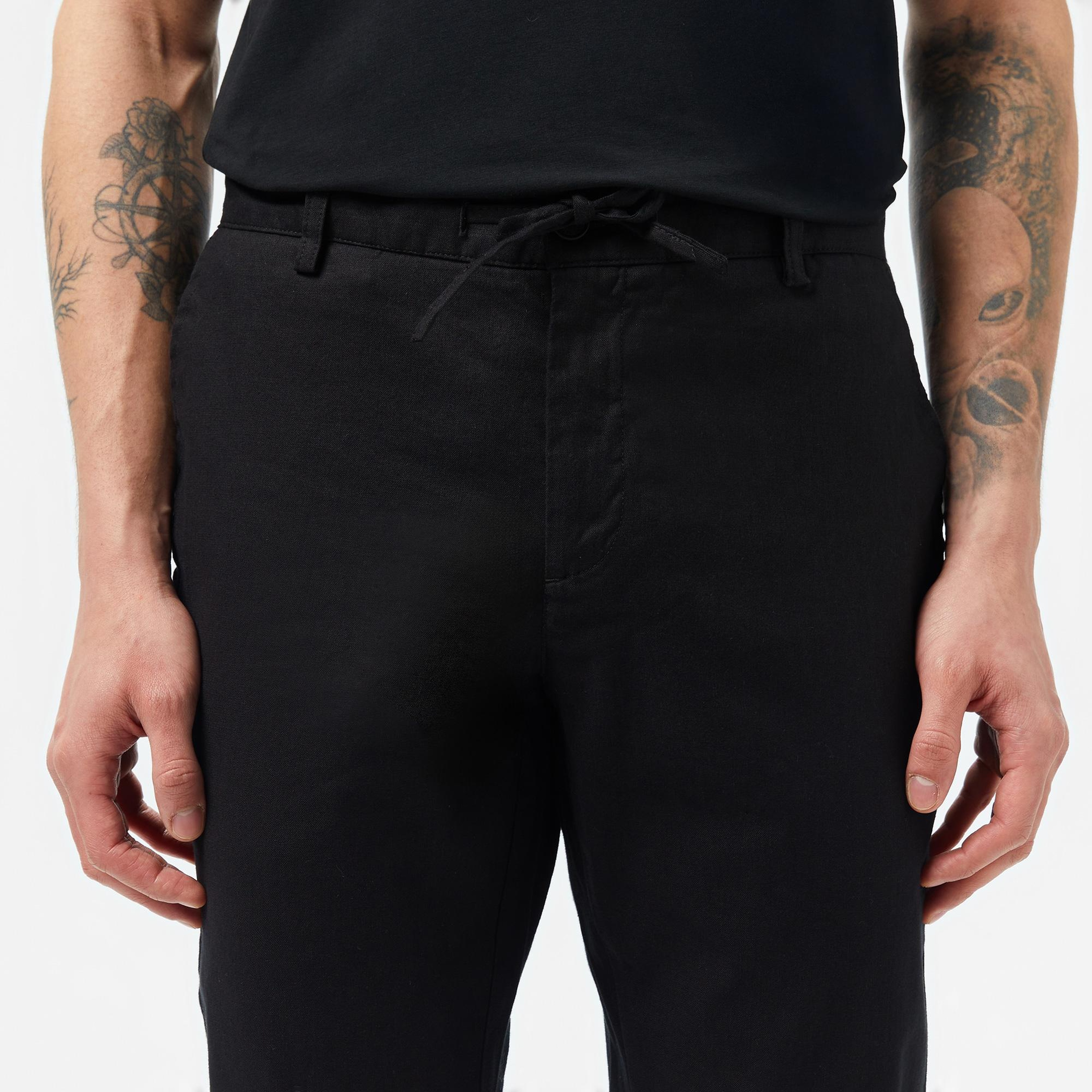 Erkek Slim Fit Siyah Keten Karışımlı Pantolon