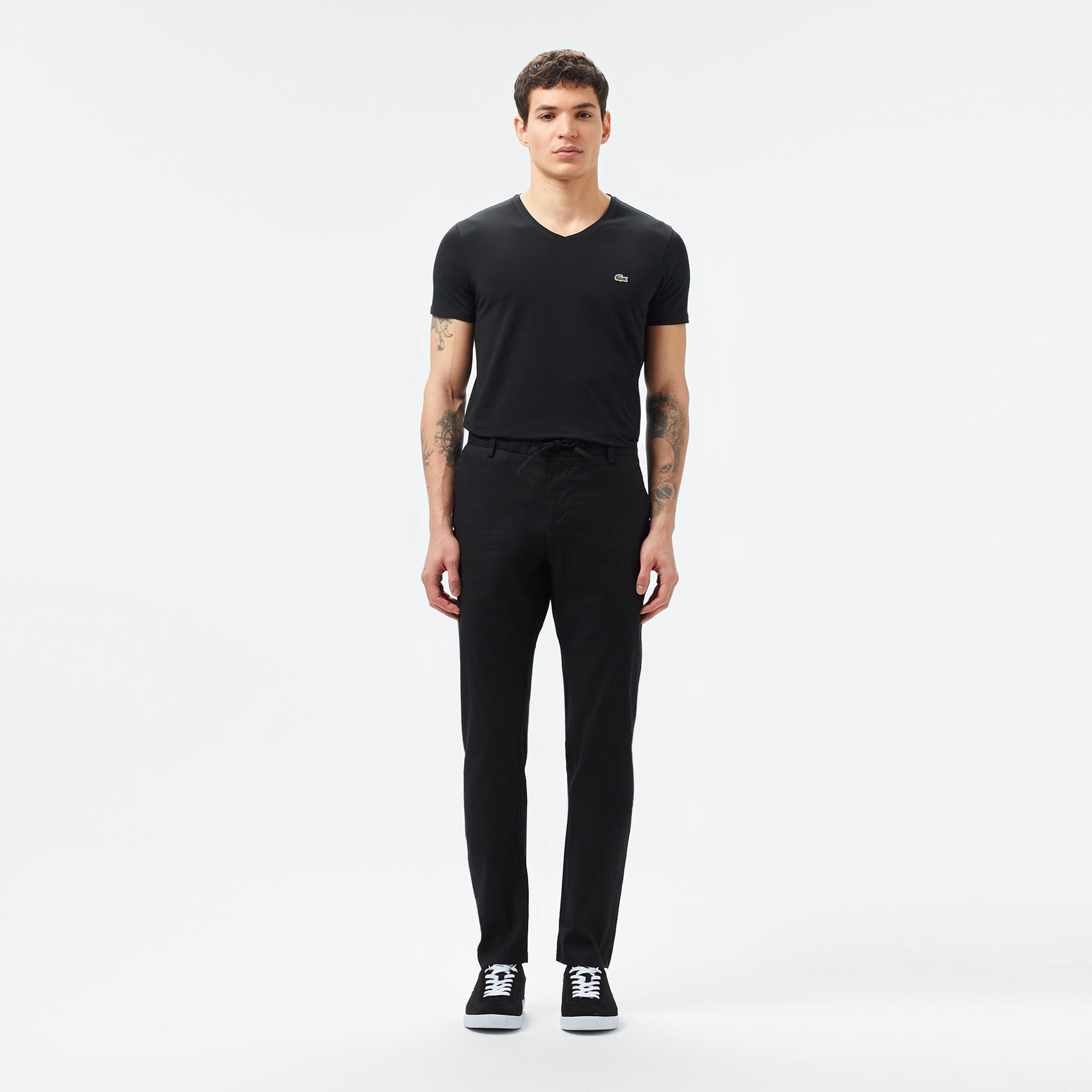 Erkek Slim Fit Siyah Keten Karışımlı Pantolon