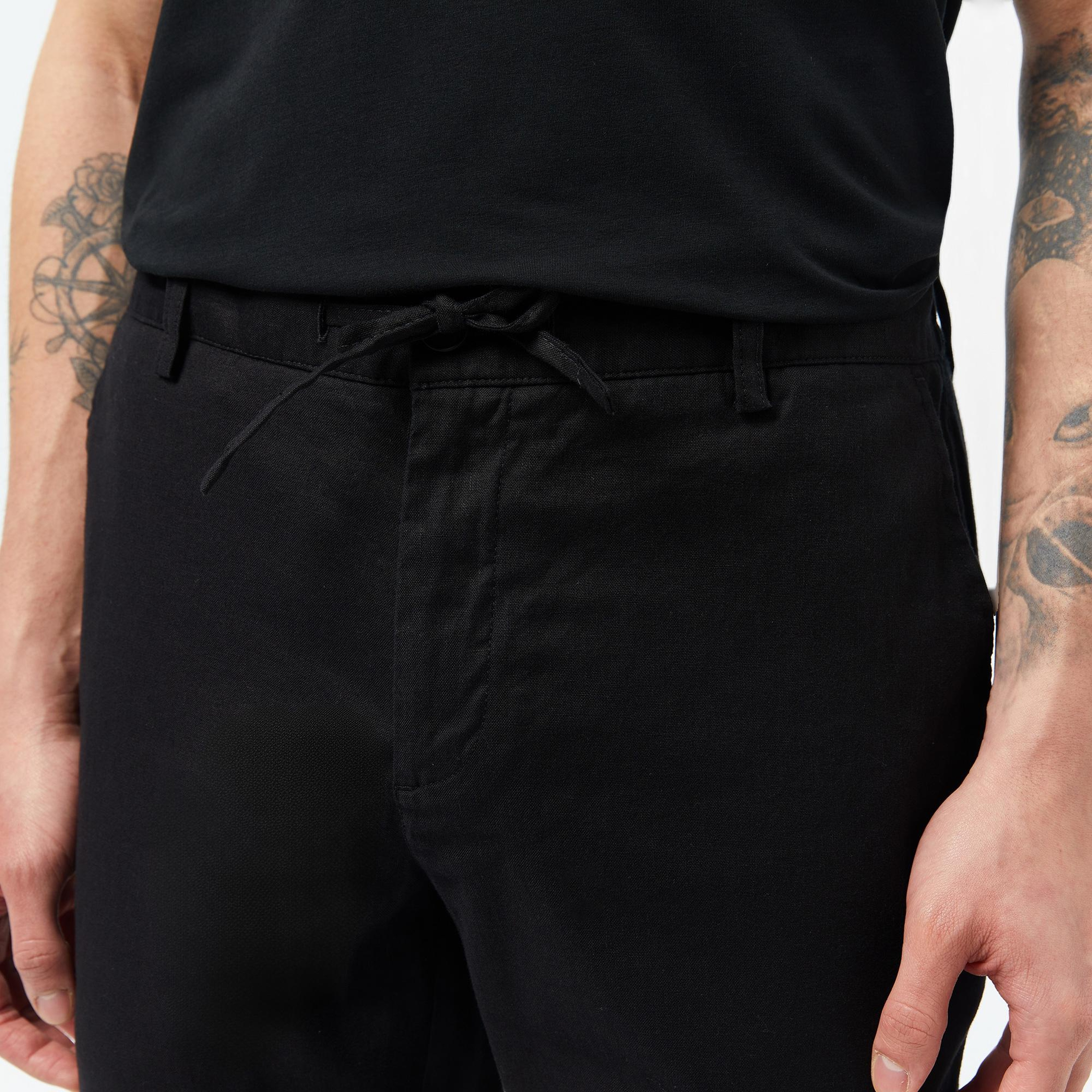 Erkek Slim Fit Siyah Keten Karışımlı Pantolon