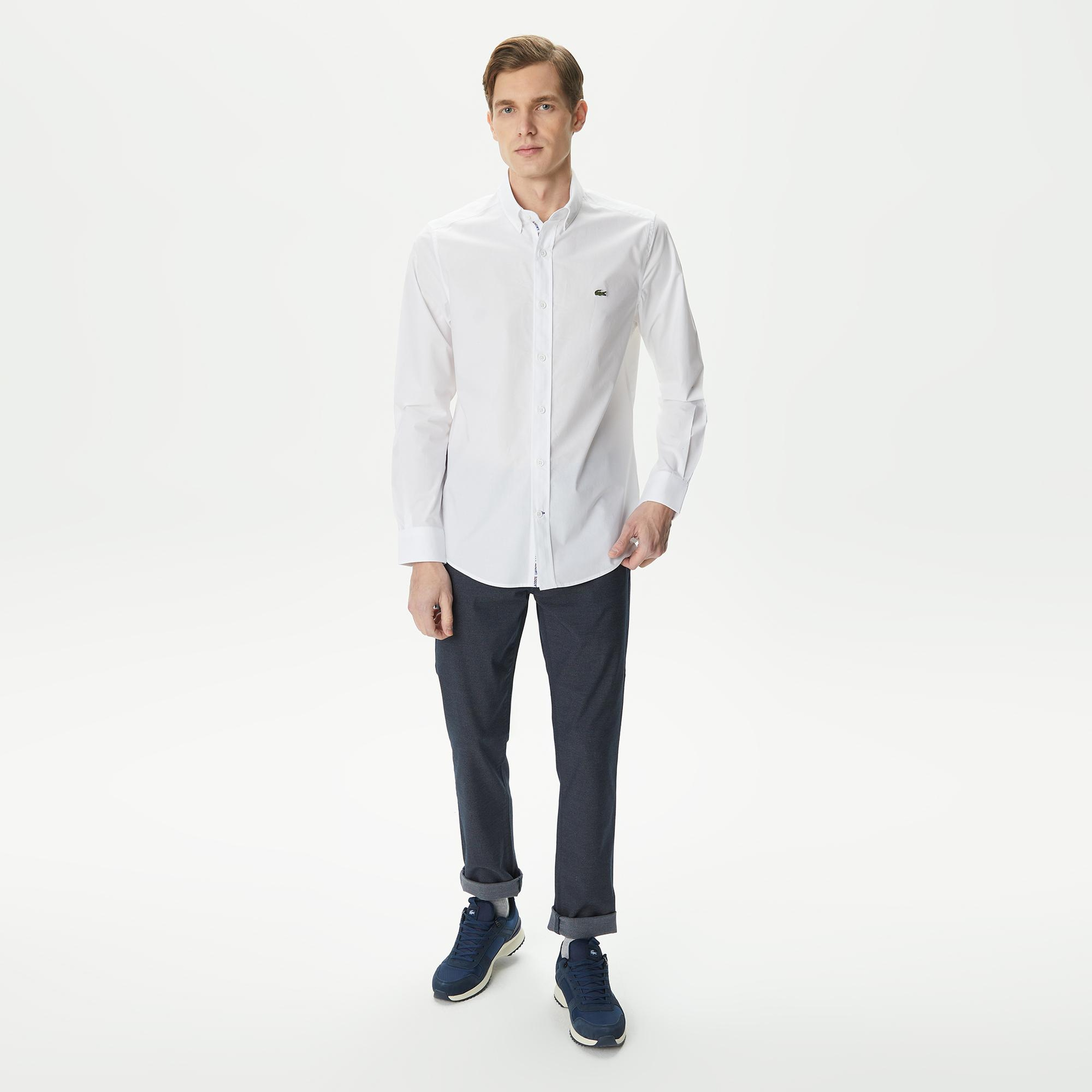 Erkek Slim Fit Düğmeli Yaka Beyaz Gömlek