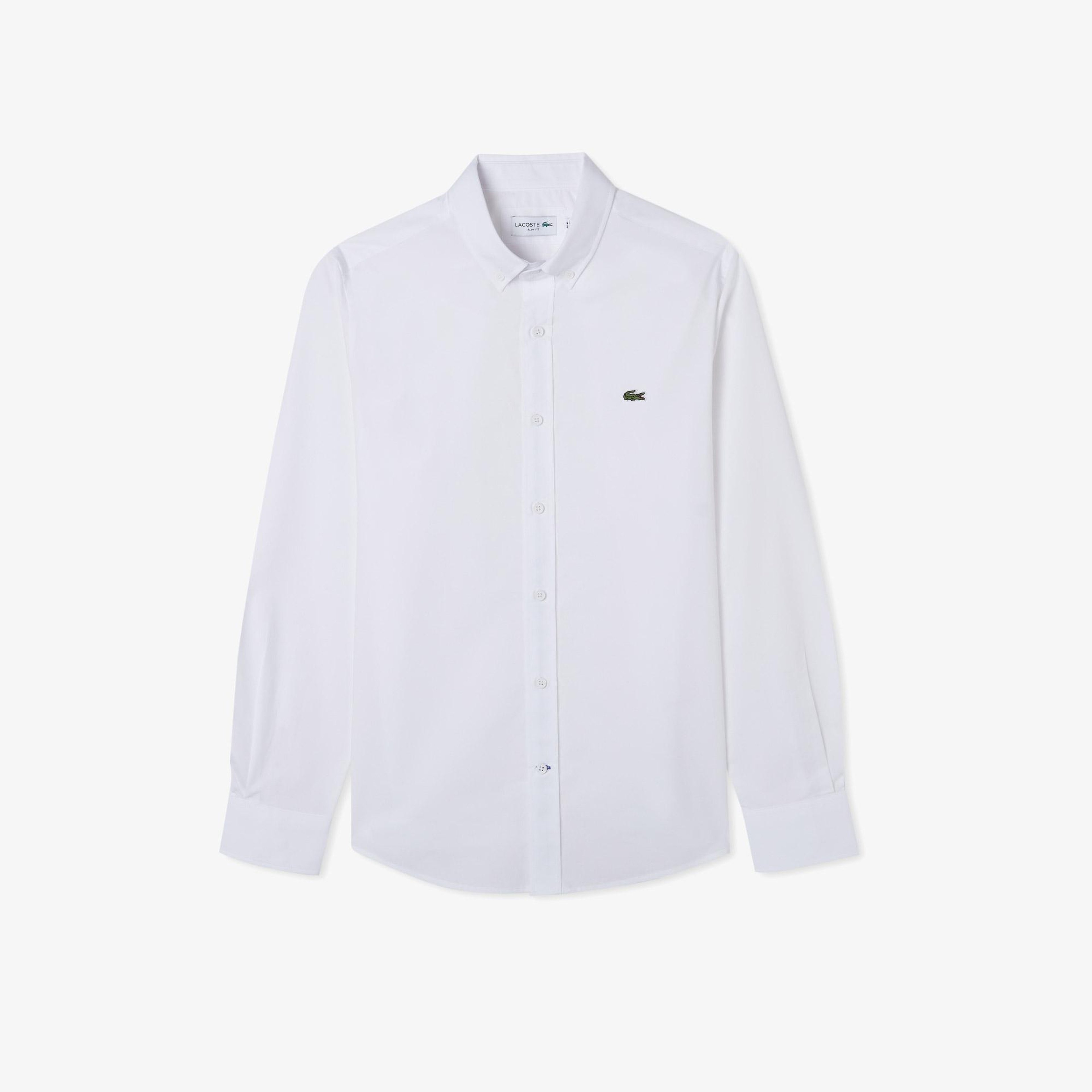 Erkek Slim Fit Düğmeli Yaka Beyaz Gömlek