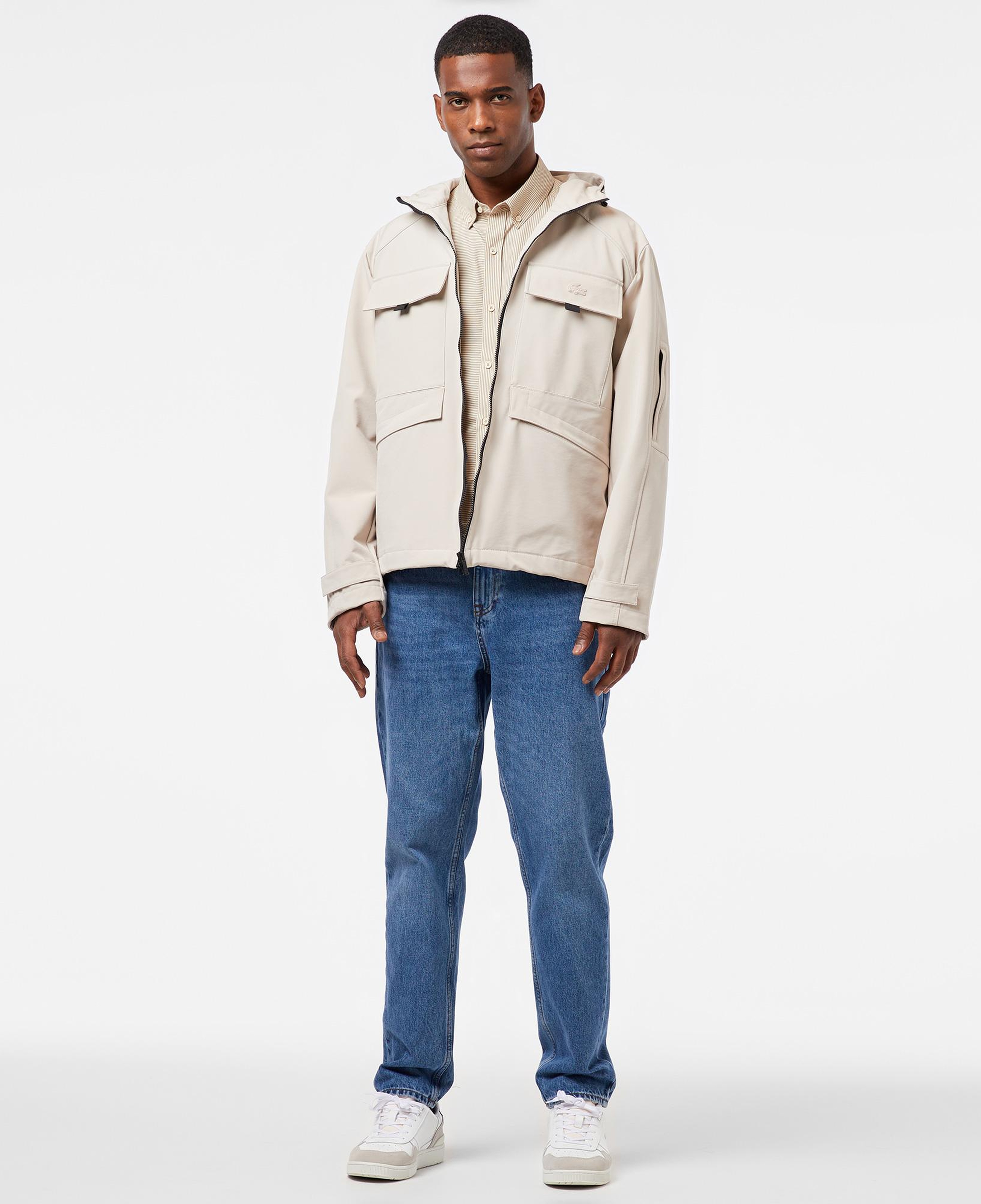 Lacoste Erkek Relaxed Fit Kapüşonlu Baskılı Krem Yağmurluk