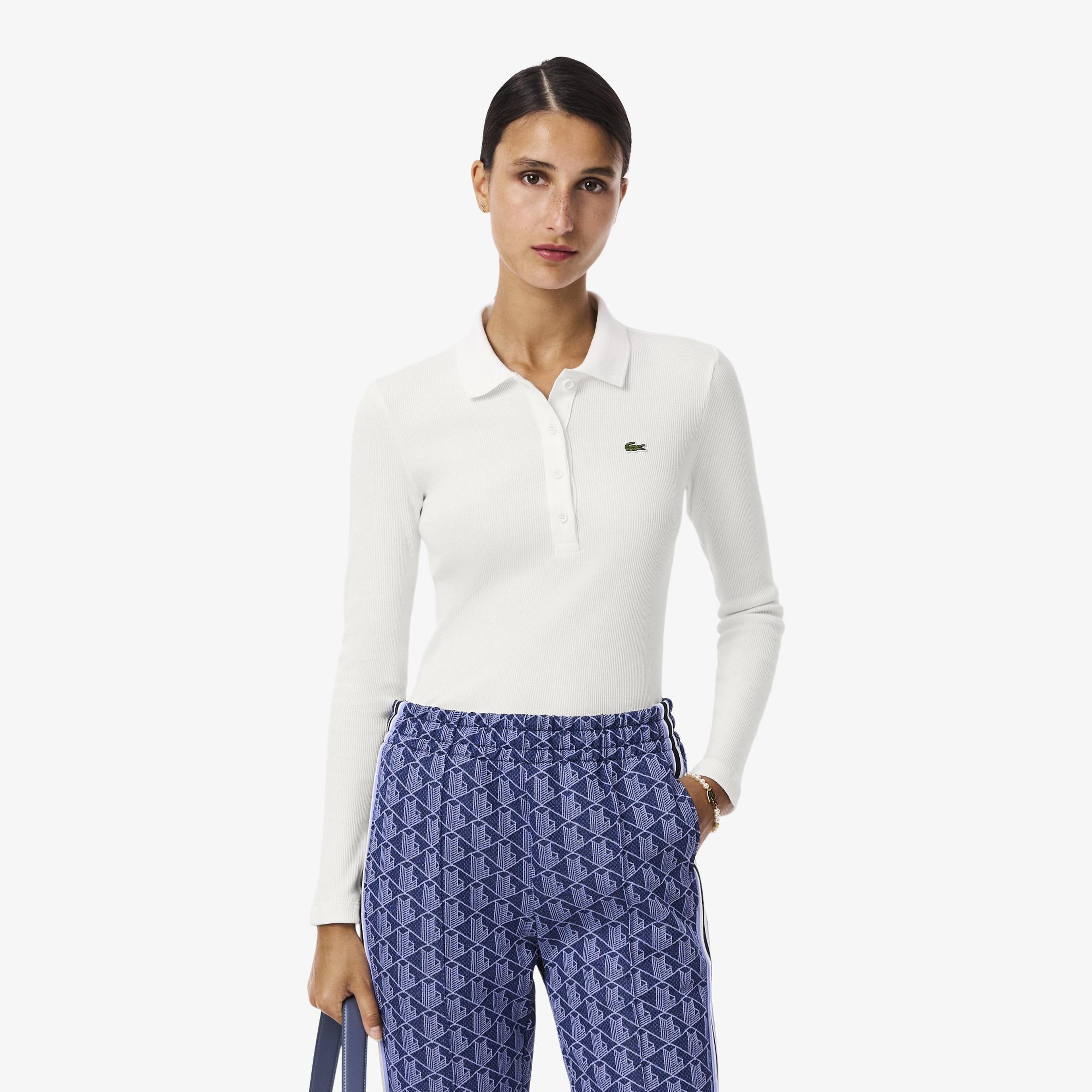 Lacoste L.12.D Kadın Slim Fit Uzun Kollu Organik Pamuk Beyaz Polo
