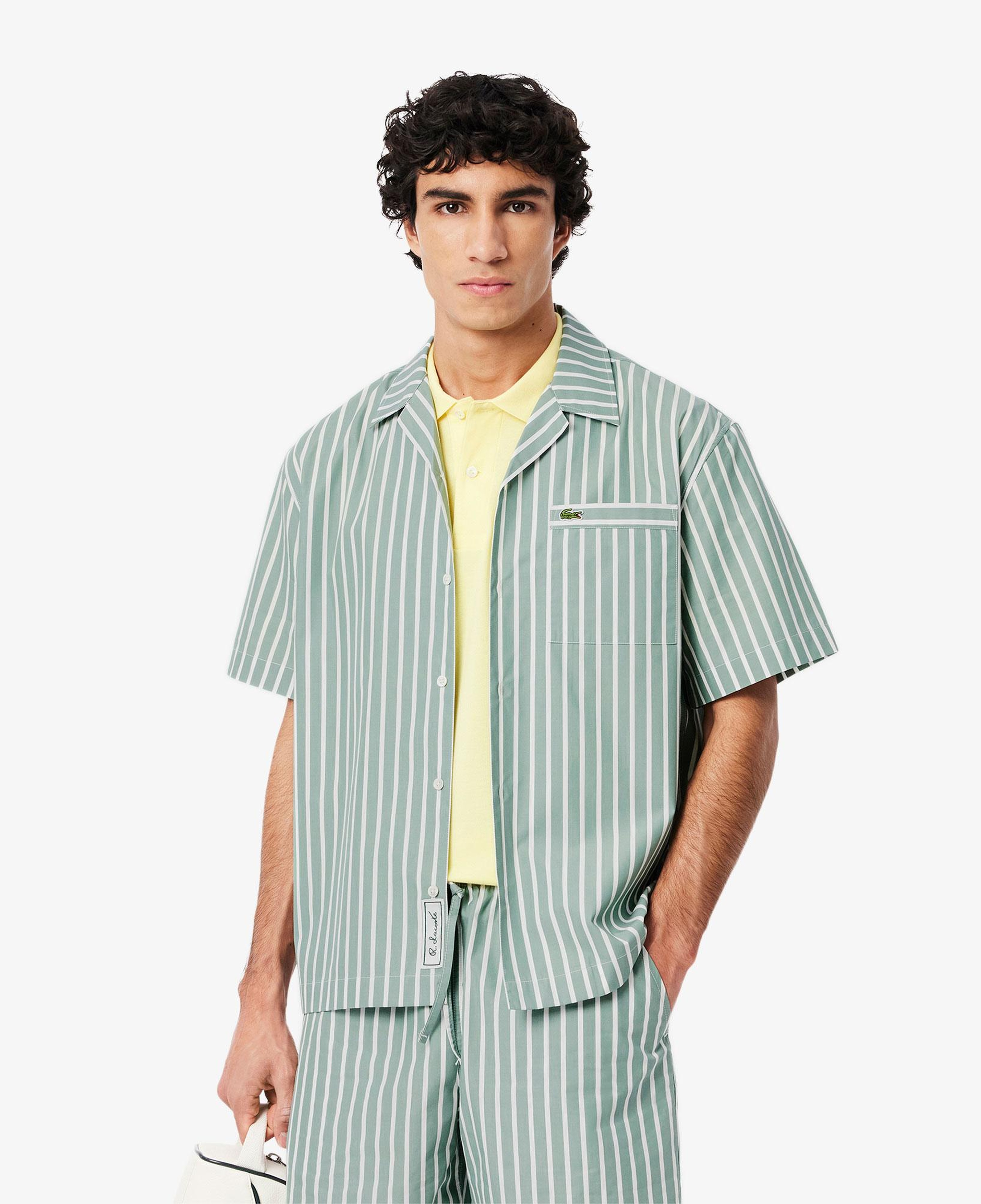Erkek Relaxed Fit Kısa Kollu Çizgili Yeşil Gömlek