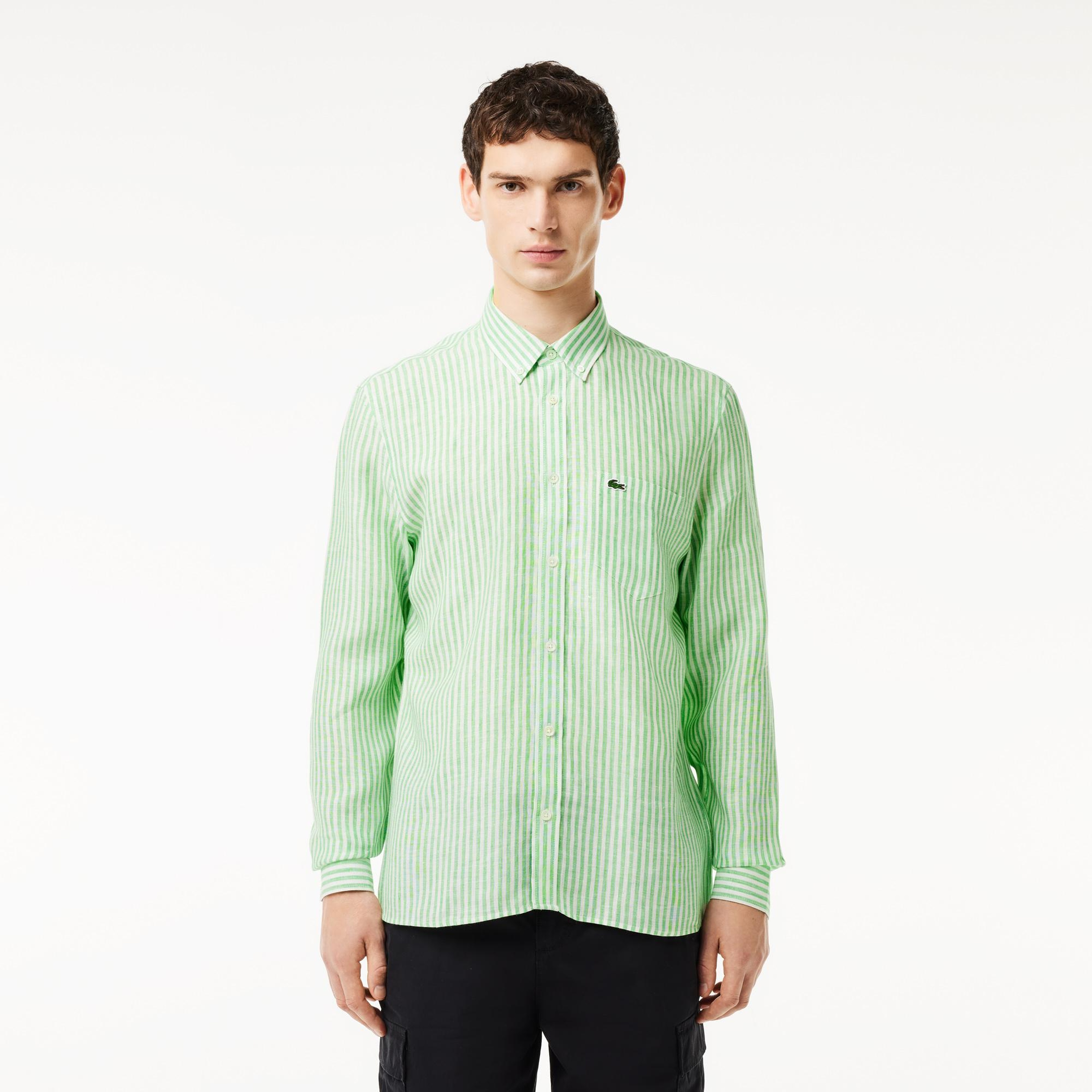 Lacoste Erkek Regular Fit Düğmeli Yaka Çizgili Keten Yeşil Gömlek