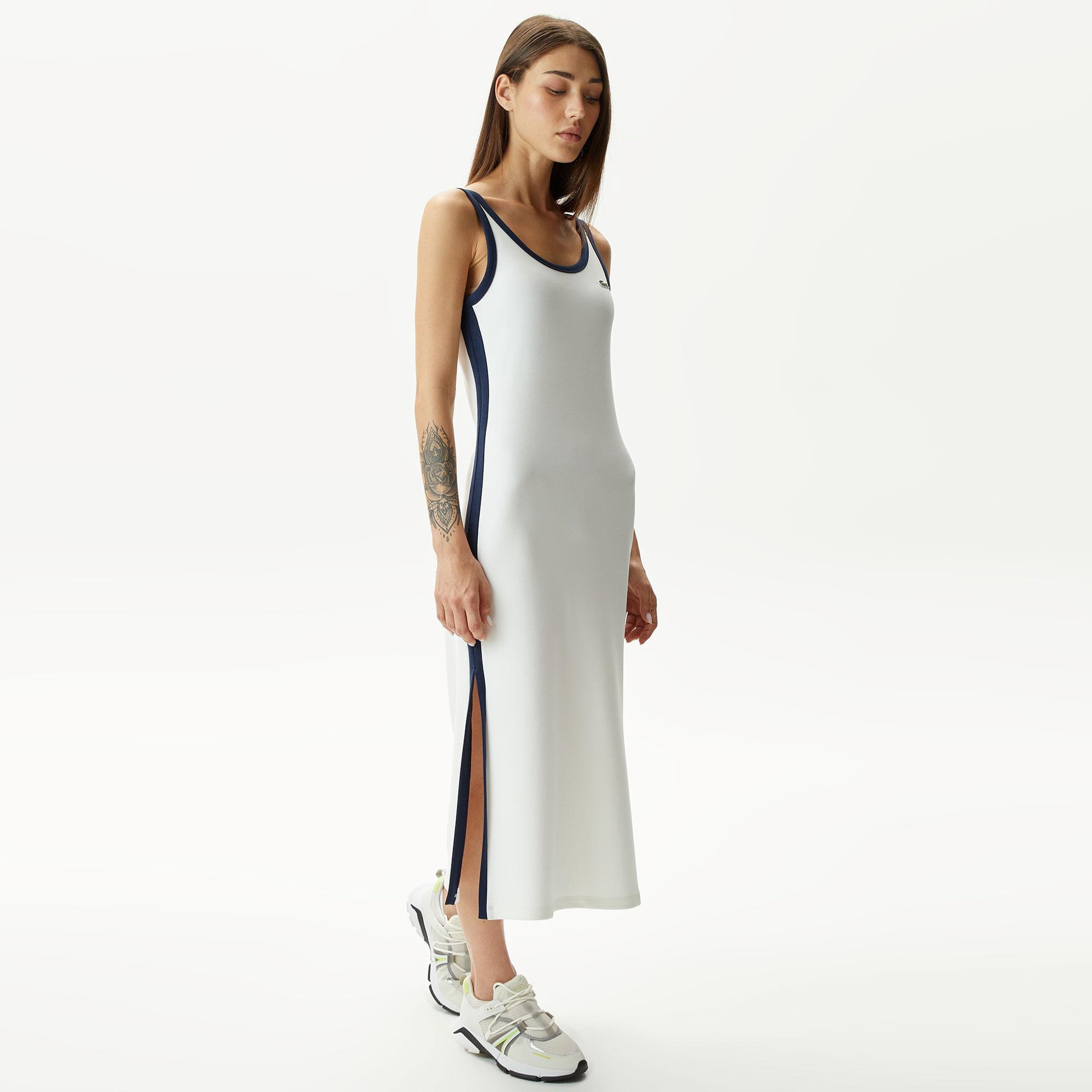 Kadın Slim Fit Kolsuz Bisiklet Yaka Renk Bloklu Beyaz Elbise