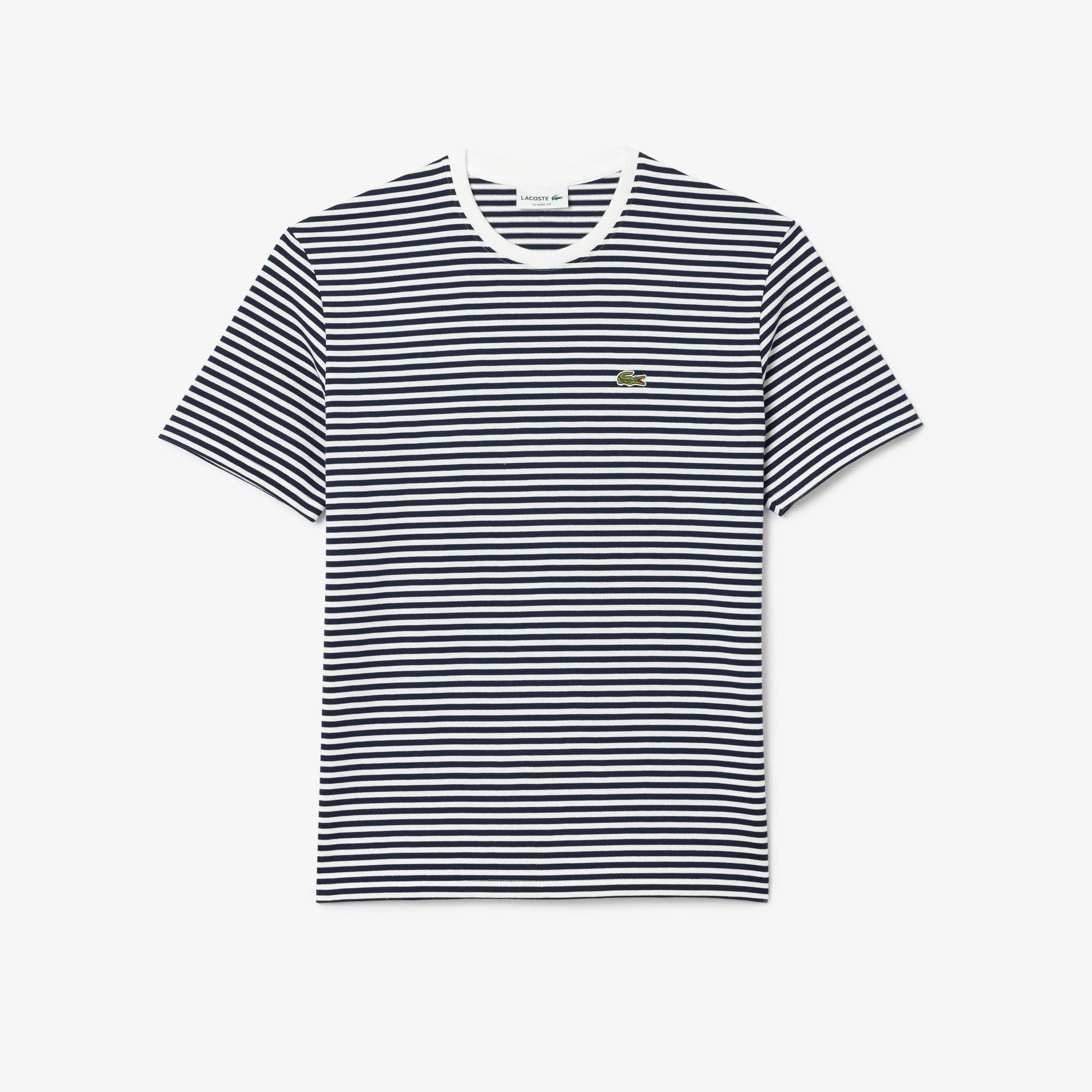 Erkek Classic Fit Bisiklet Yaka Çizgili Beyaz T-Shirt