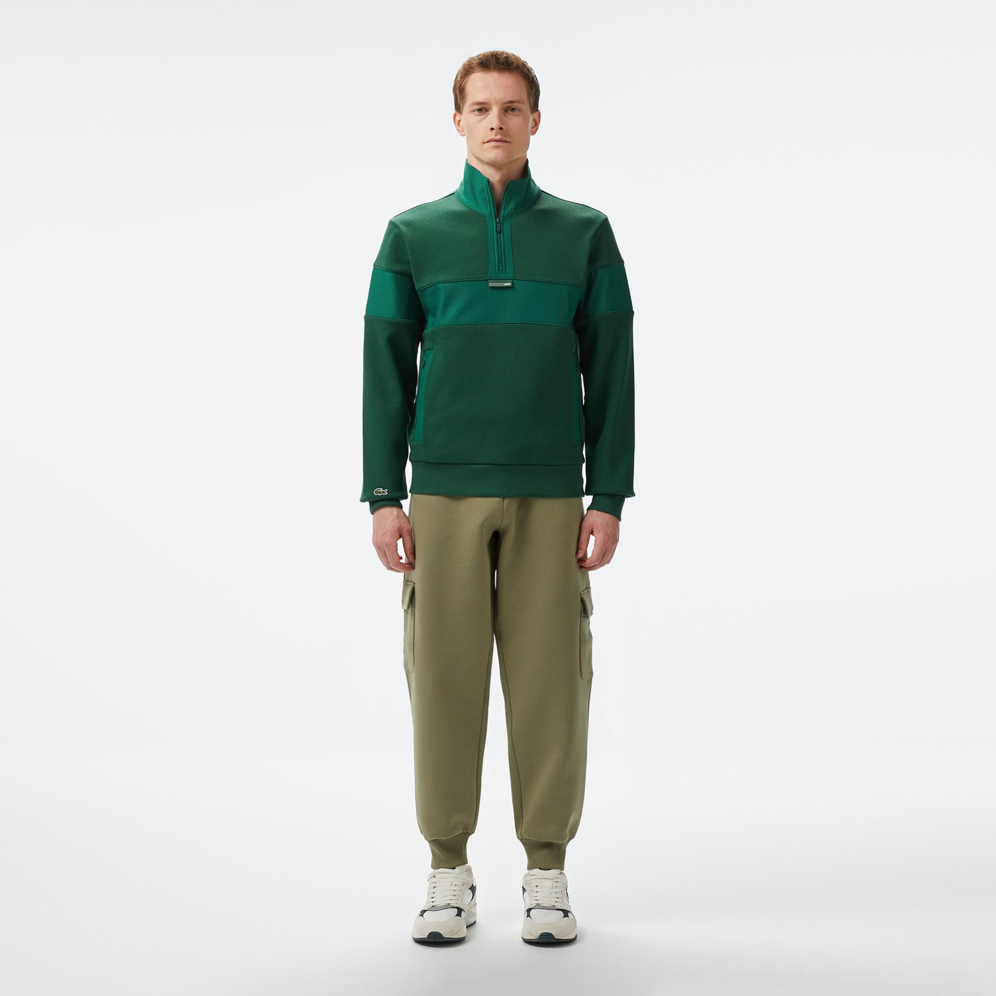 Erkek Classic Fit Yarım Fermuarlı Renk Bloklu Koyu Yeşil Sweatshirt