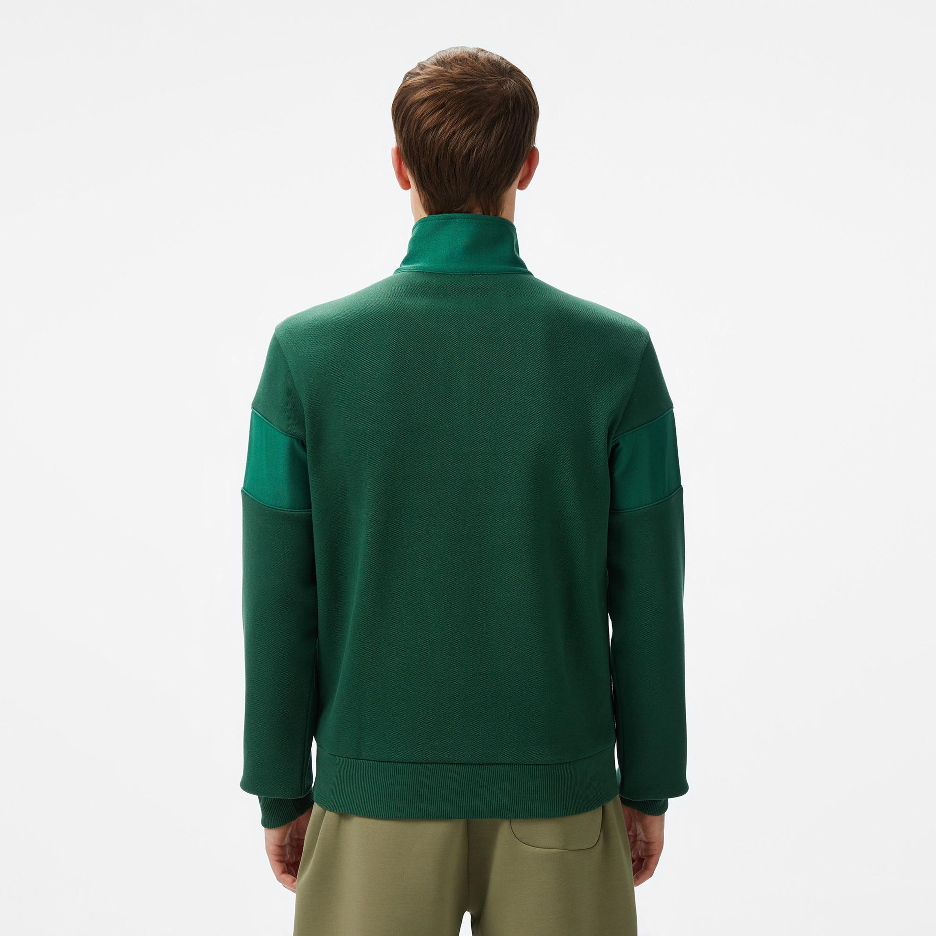 Erkek Classic Fit Yarım Fermuarlı Renk Bloklu Koyu Yeşil Sweatshirt