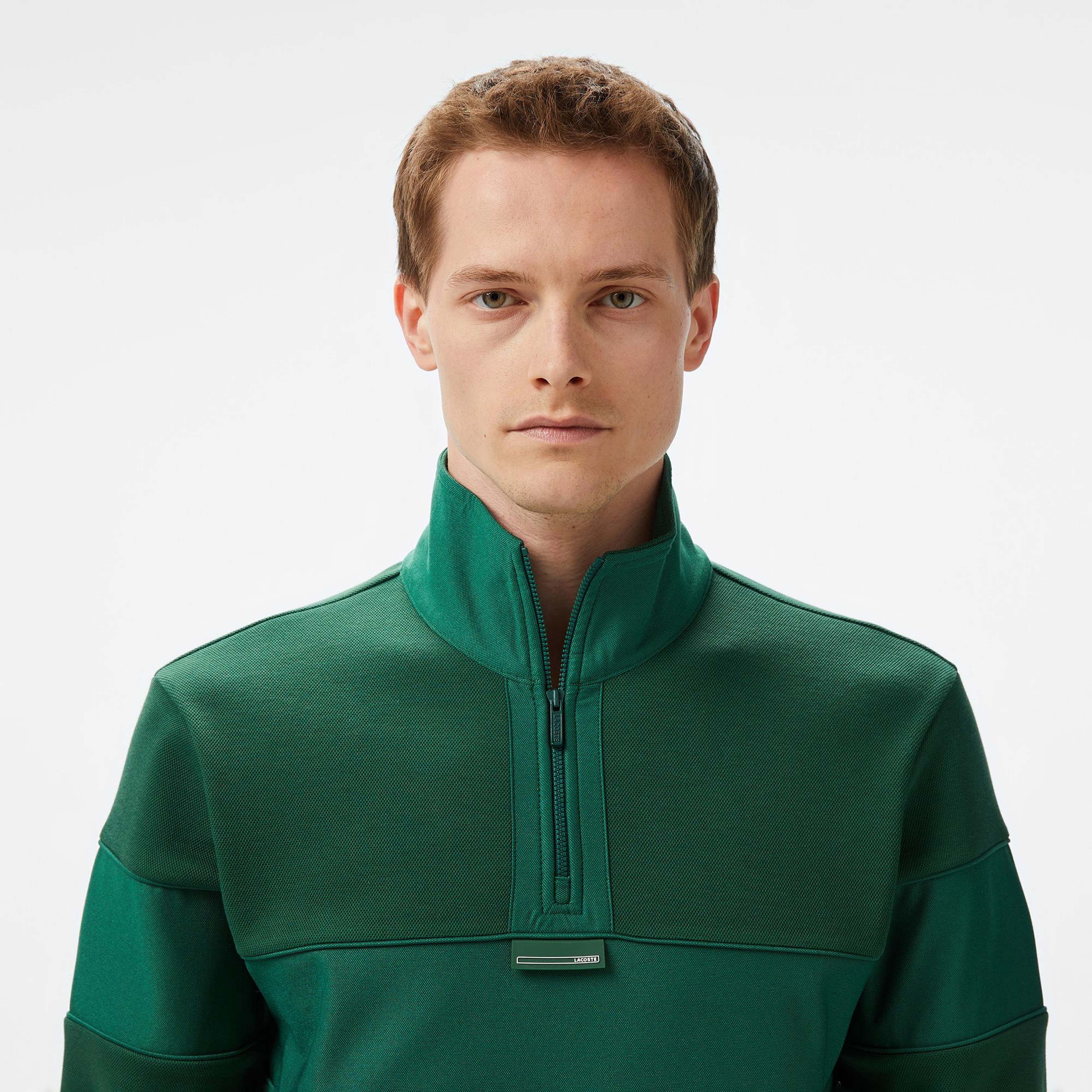 Erkek Classic Fit Yarım Fermuarlı Renk Bloklu Koyu Yeşil Sweatshirt