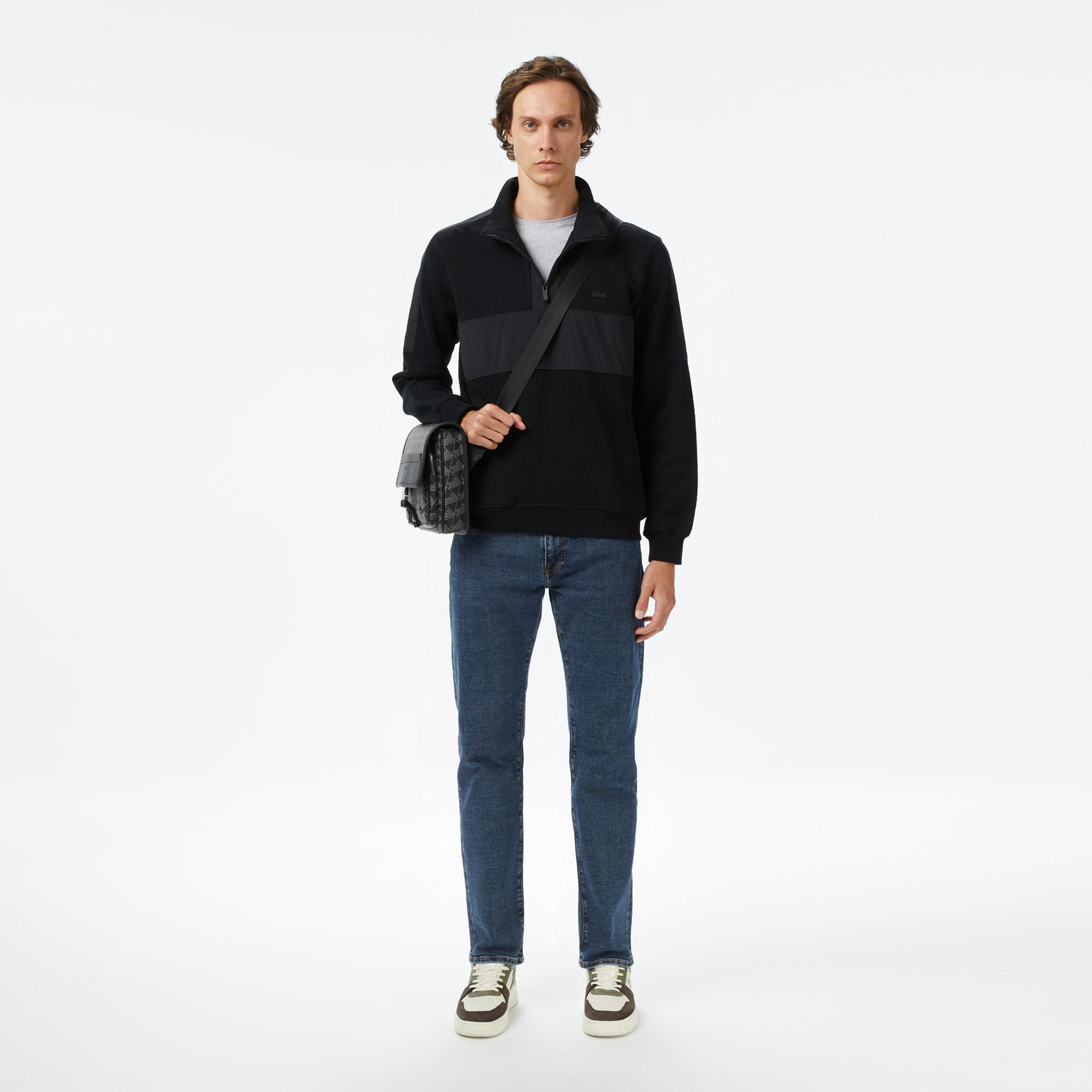 Erkek Classic Fit Yarım Fermuarlı Siyah Sweatshirt