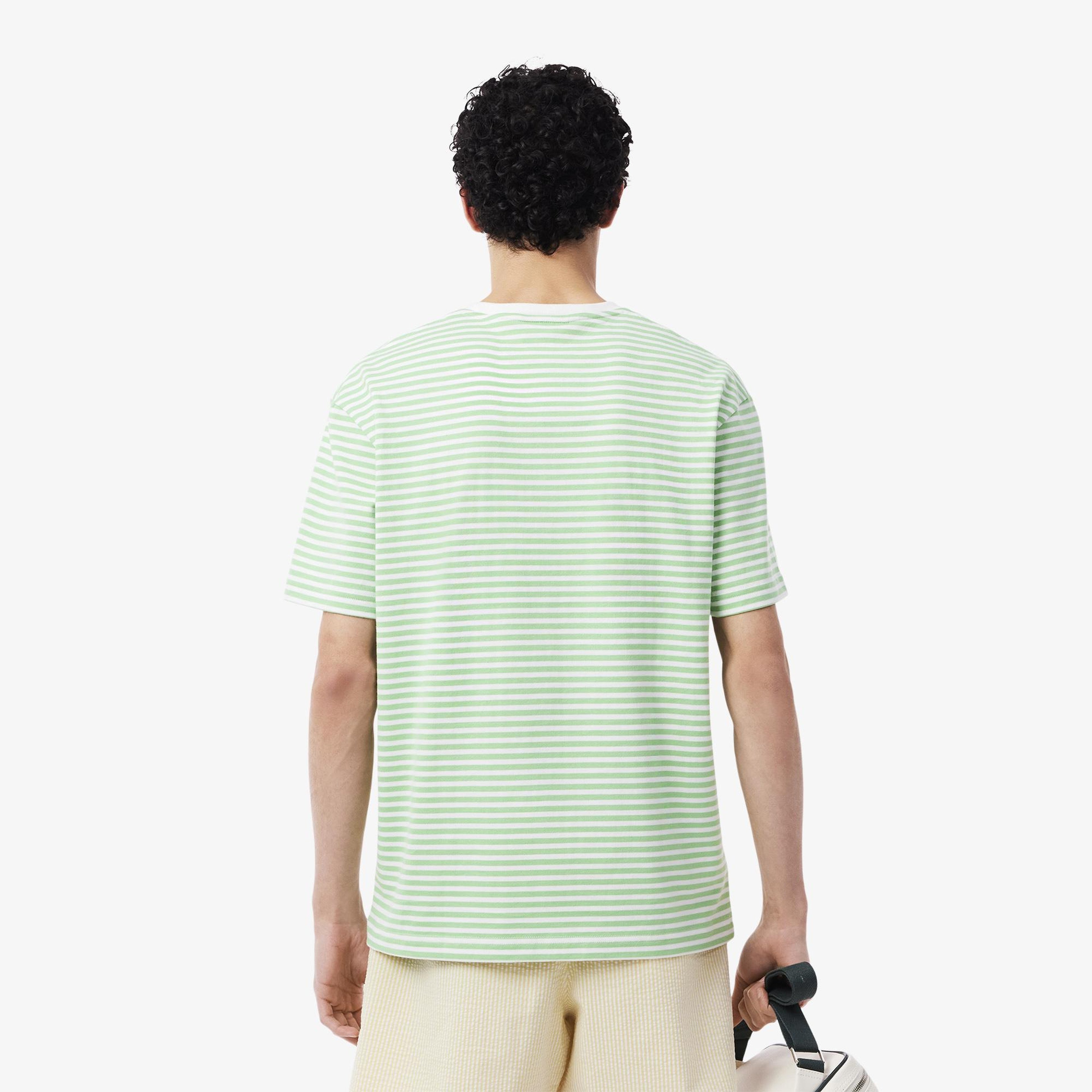 Erkek Classic Fit Bisiklet Yaka Çizgili Açık Yeşil T-Shirt