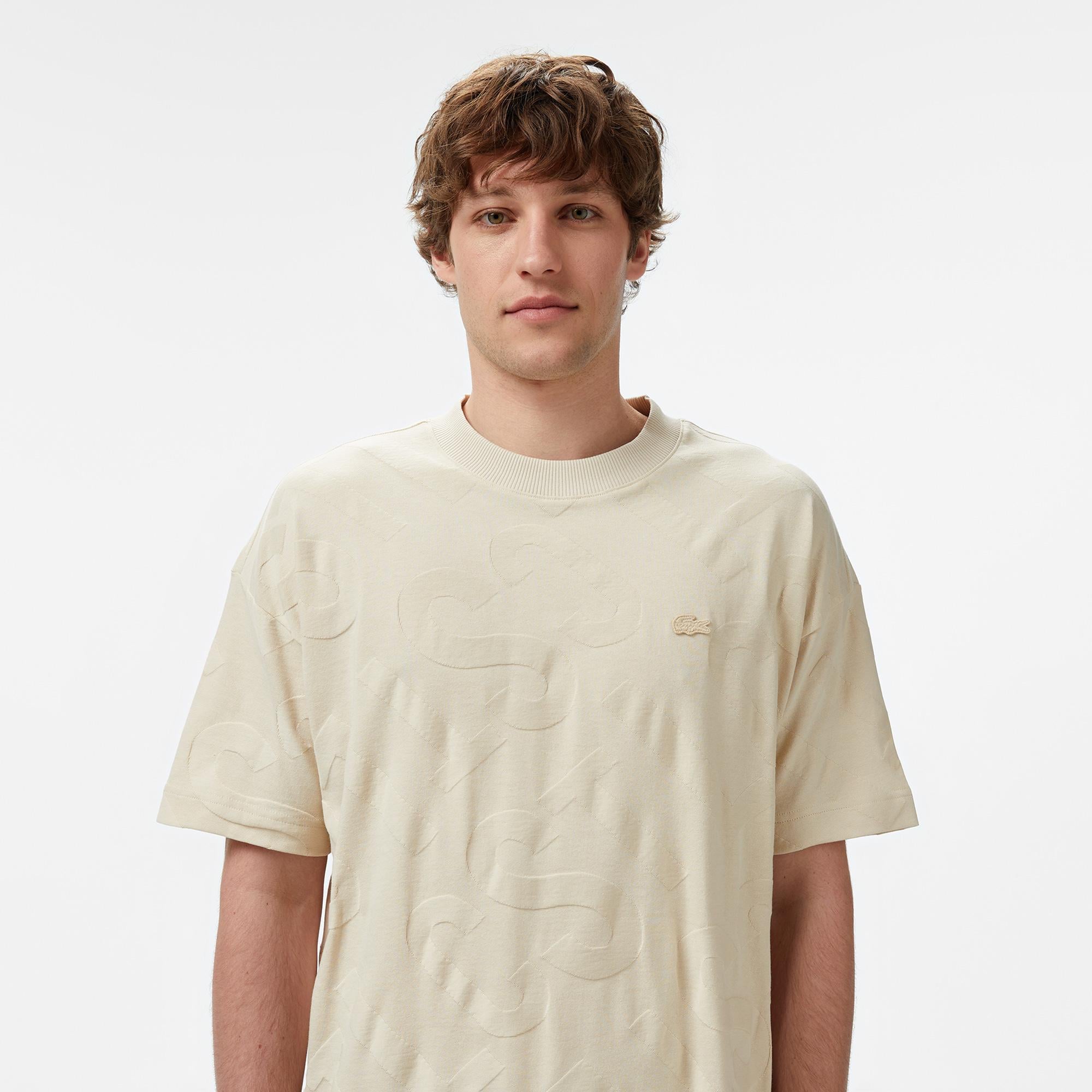 Erkek Bisiklet Yaka Desenli Bej Modal Karışımlı T-Shirt