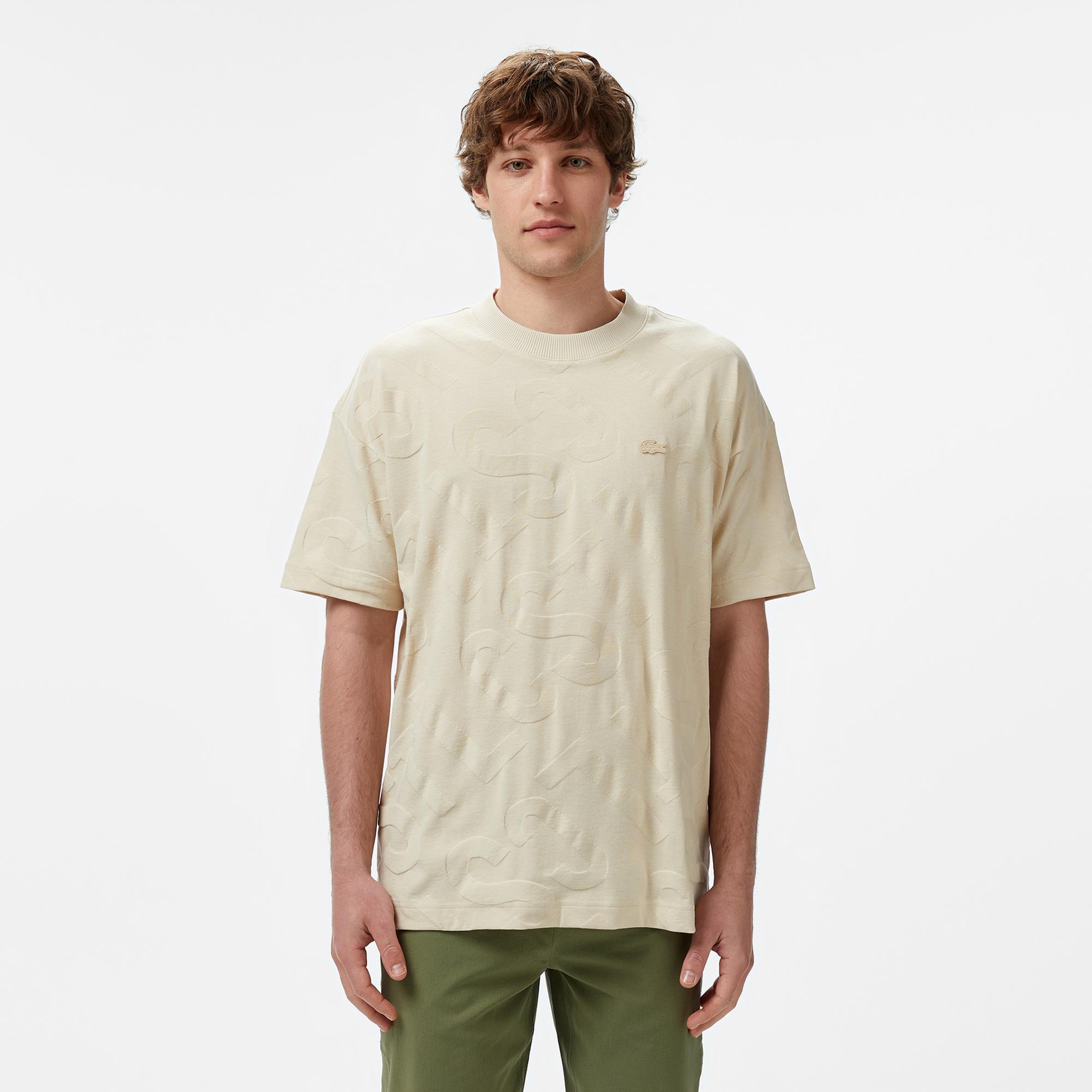 Erkek Bisiklet Yaka Desenli Bej Modal Karışımlı T-Shirt