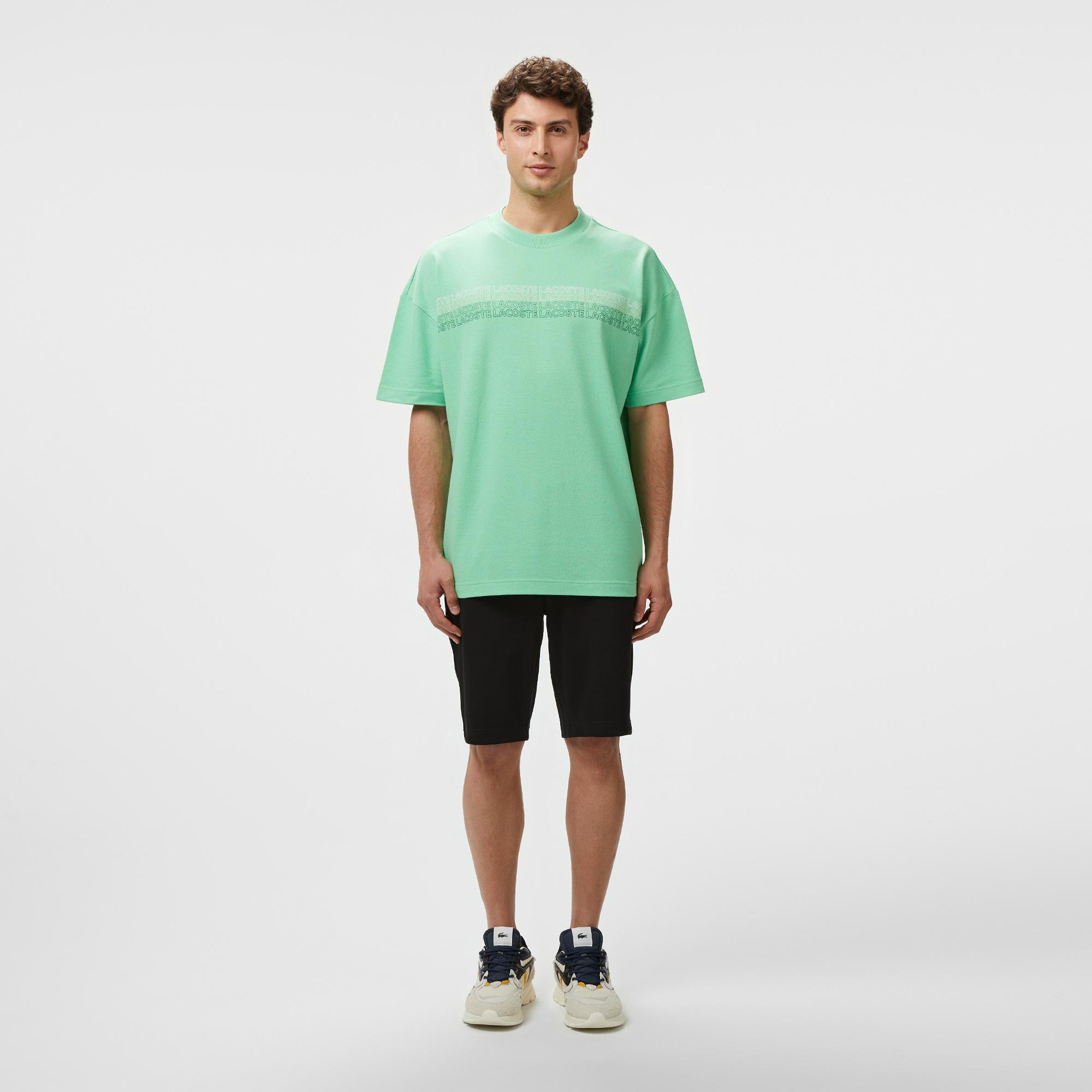 Erkek Oversize Fit Bisiklet Yaka Baskılı Açık Yeşil T-Shirt