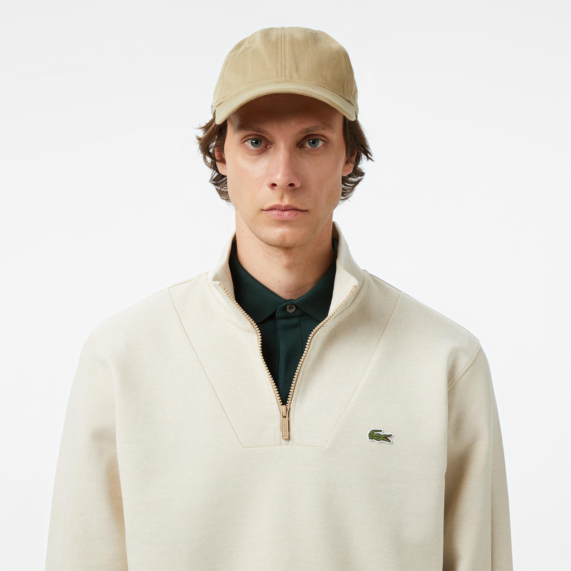 Erkek Classic Fit Yarım Fermuarlı Krem Sweatshirt