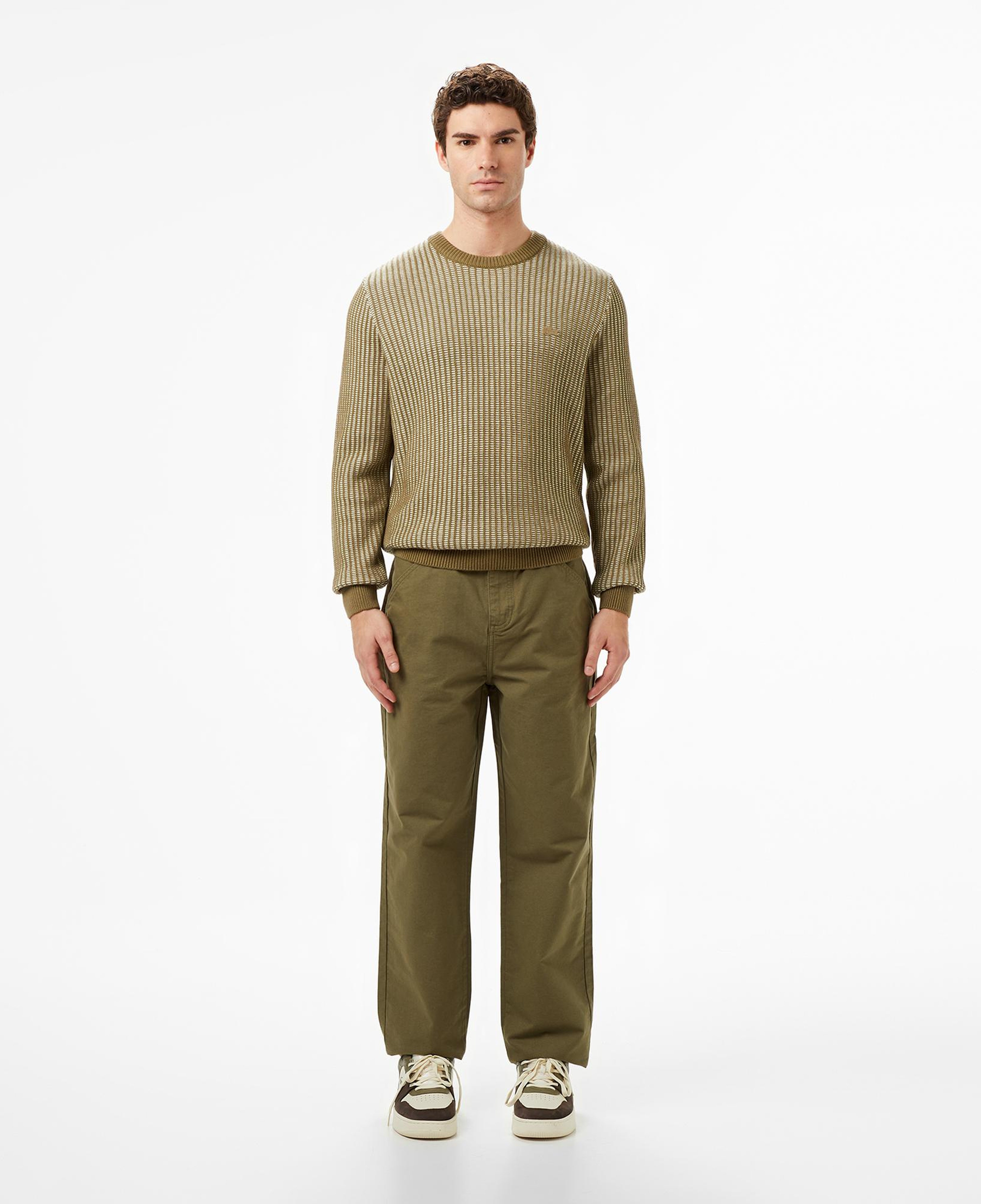 Erkek Classic Fit Bisiklet Yaka Desenli Haki Kazak