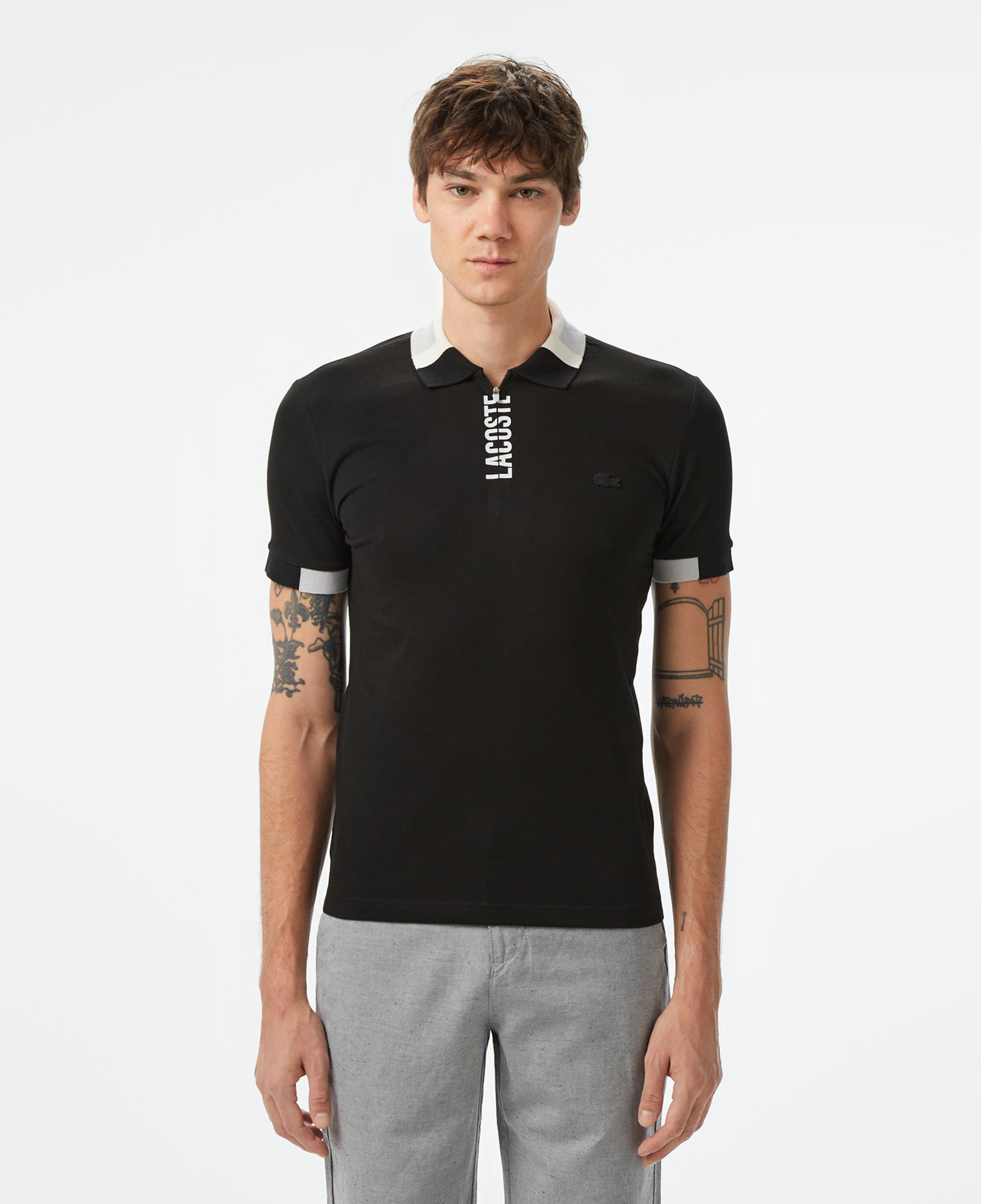 Erkek Regular Fit Yarım Fermuarlı Baskılı Siyah Polo