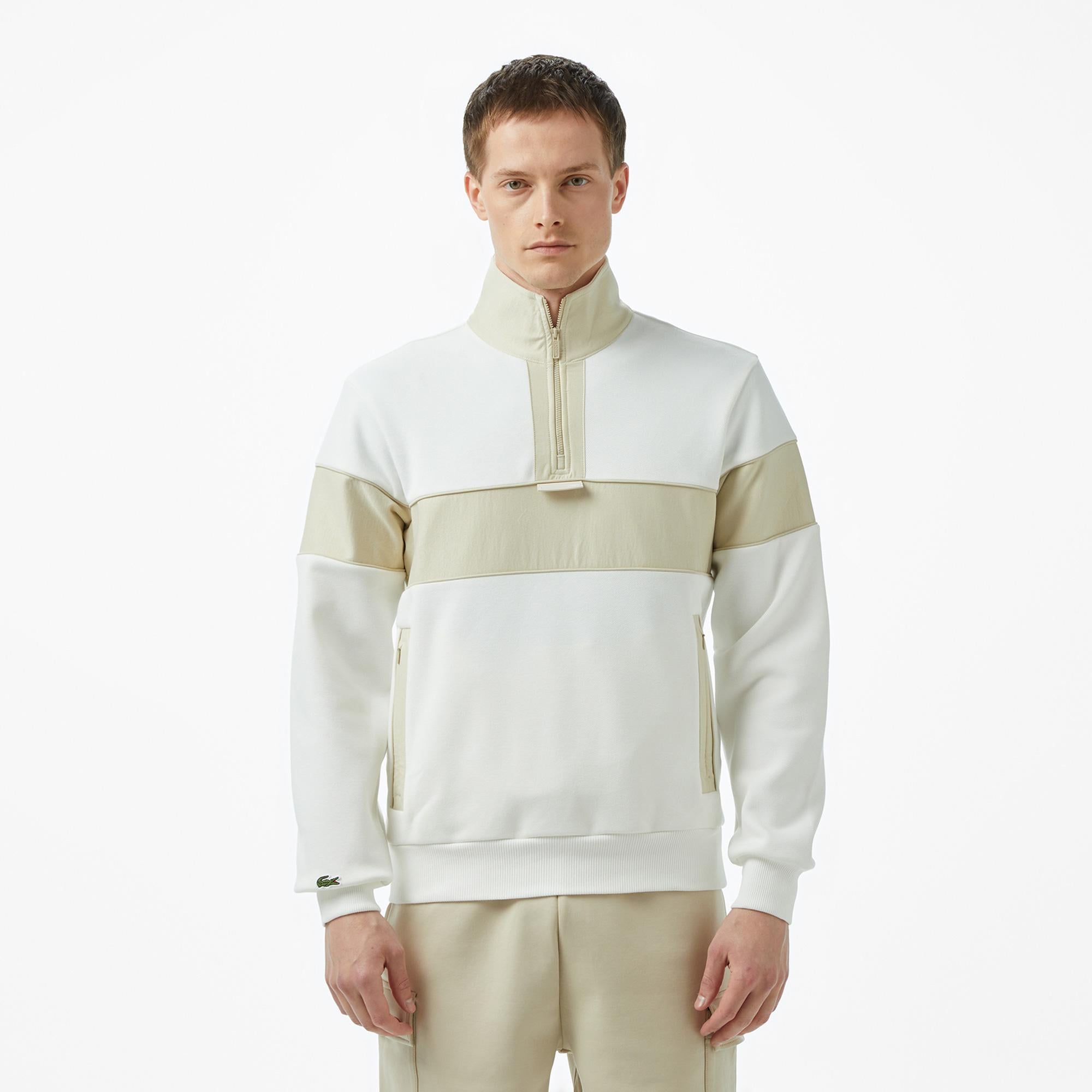 Erkek Classic Fit Yarım Fermuarlı Renk Bloklu Beyaz Sweatshirt