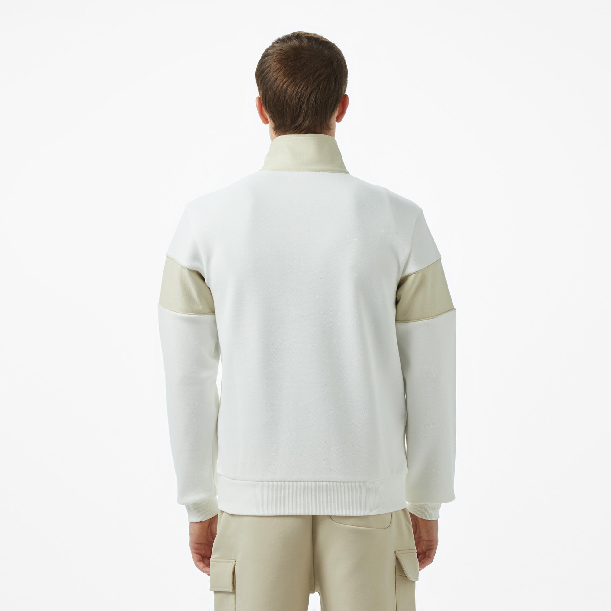 Erkek Classic Fit Yarım Fermuarlı Renk Bloklu Beyaz Sweatshirt