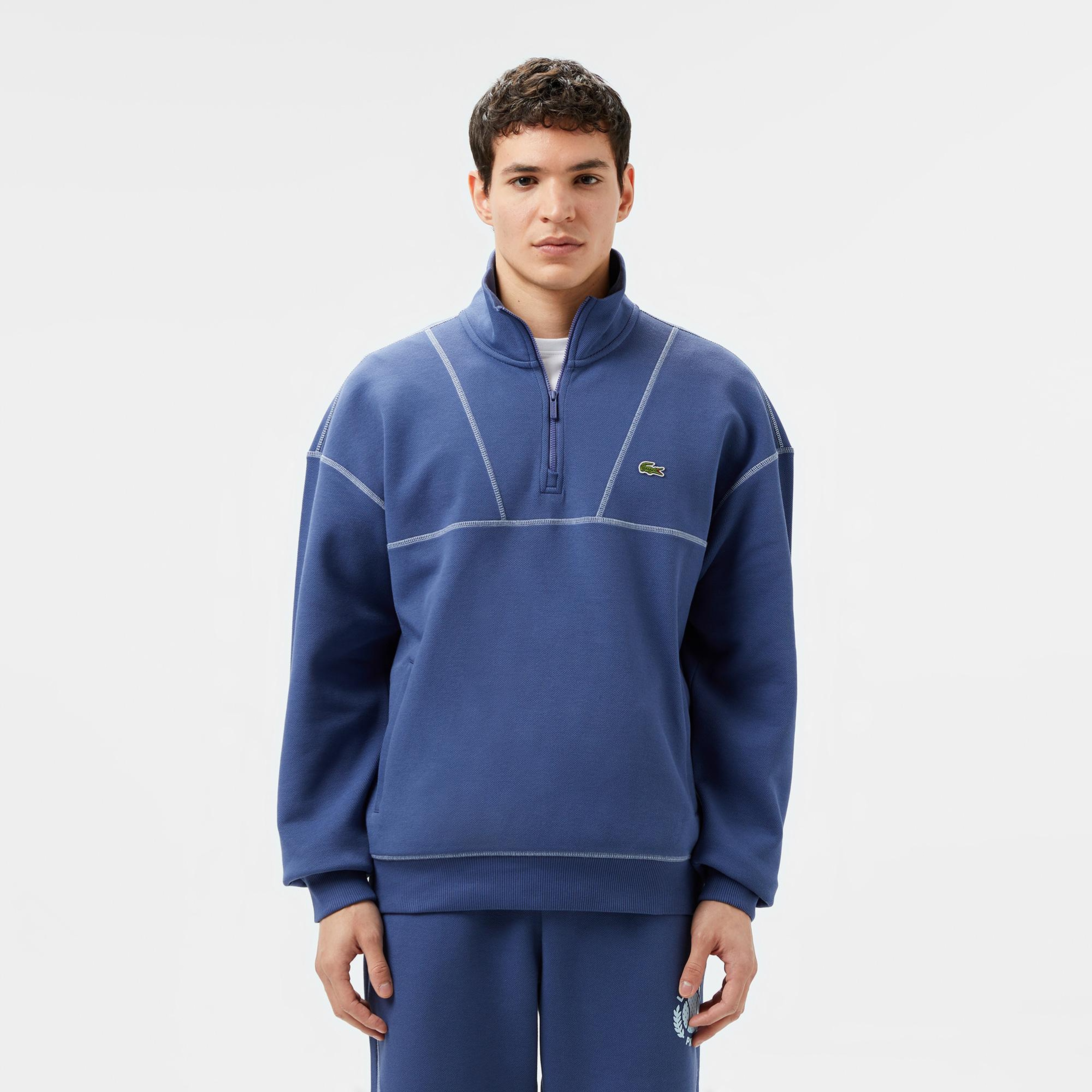 Erkek Relaxed Fit Yarım Fermuarlı Renk Bloklu Mavi Sweatshirt