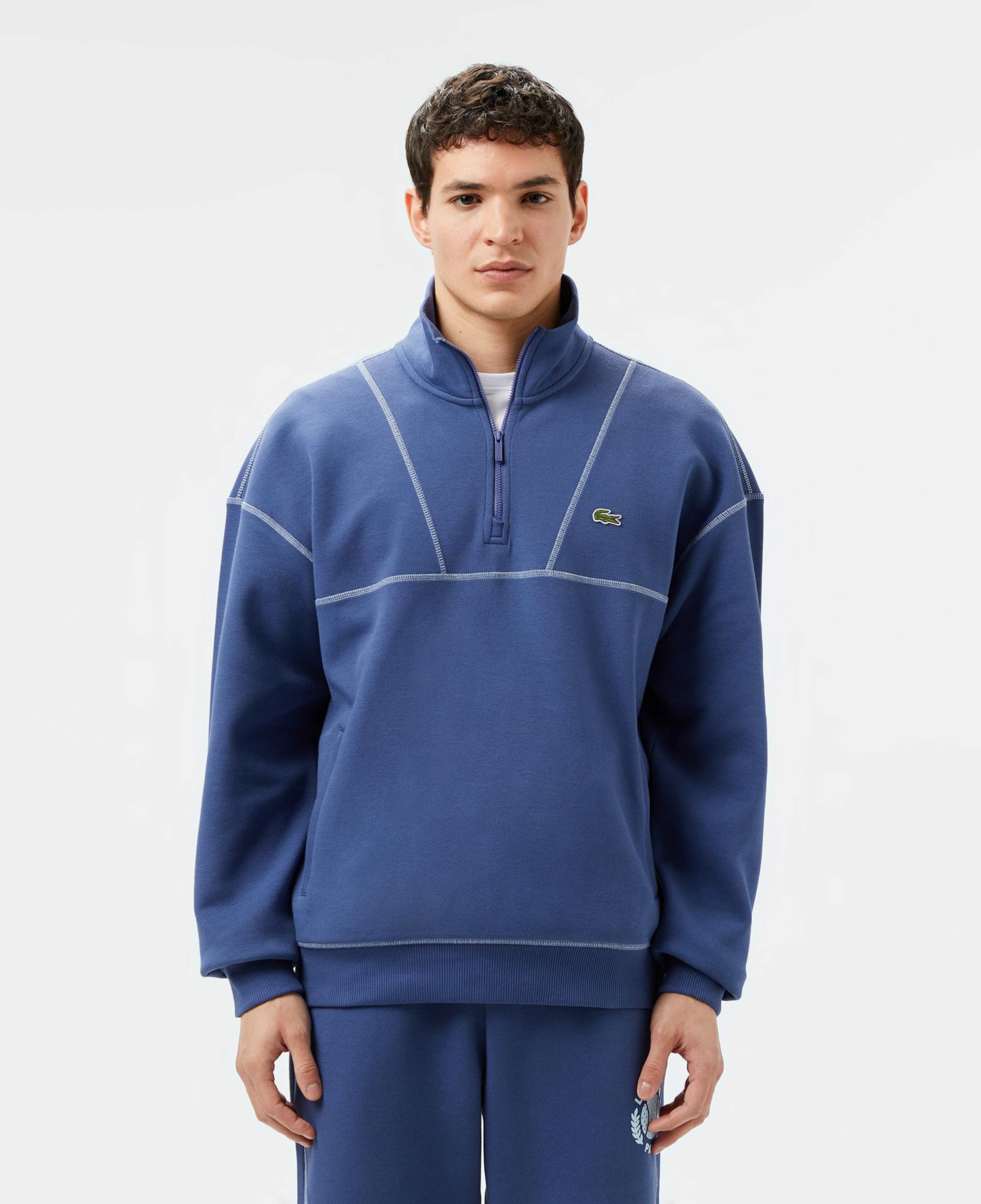 Erkek Relaxed Fit Yarım Fermuarlı Renk Bloklu Mavi Sweatshirt