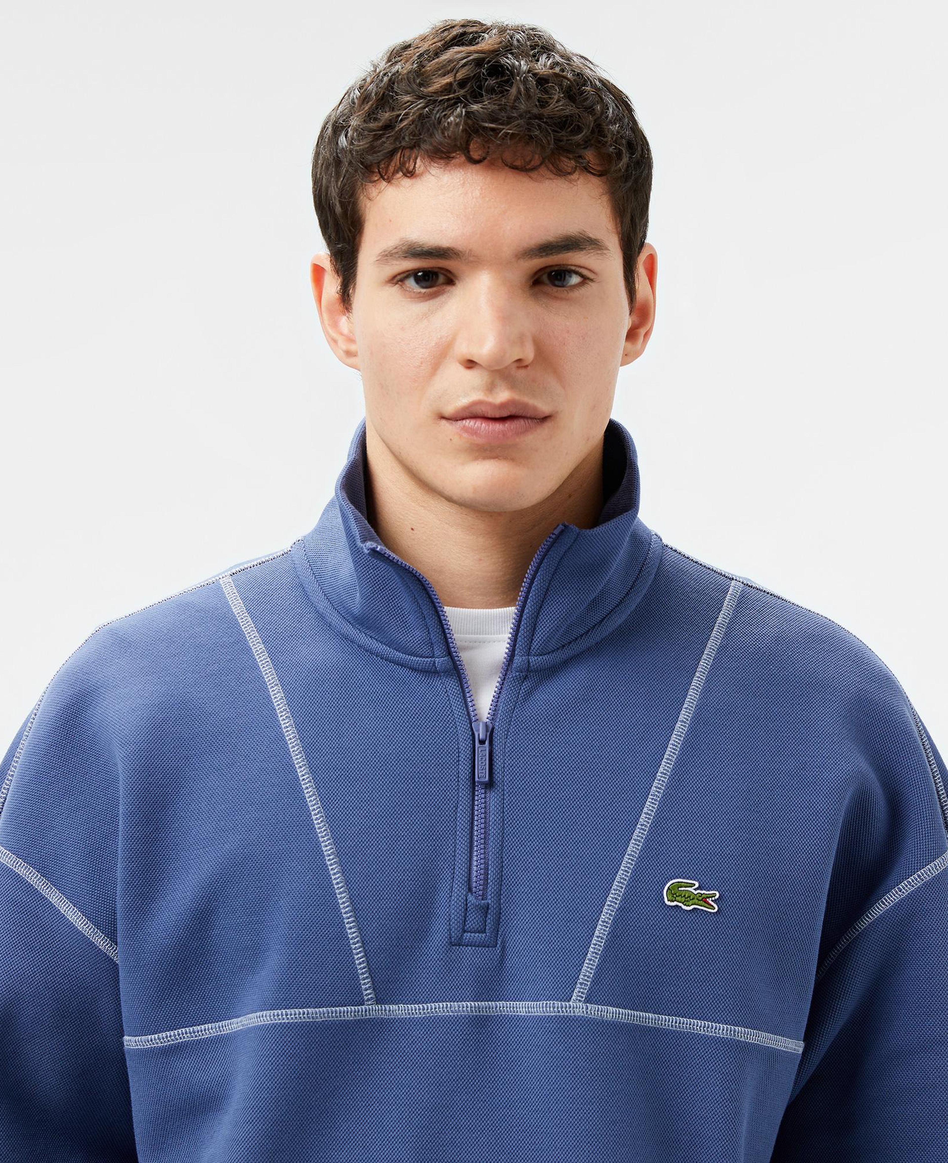 Erkek Relaxed Fit Yarım Fermuarlı Renk Bloklu Mavi Sweatshirt