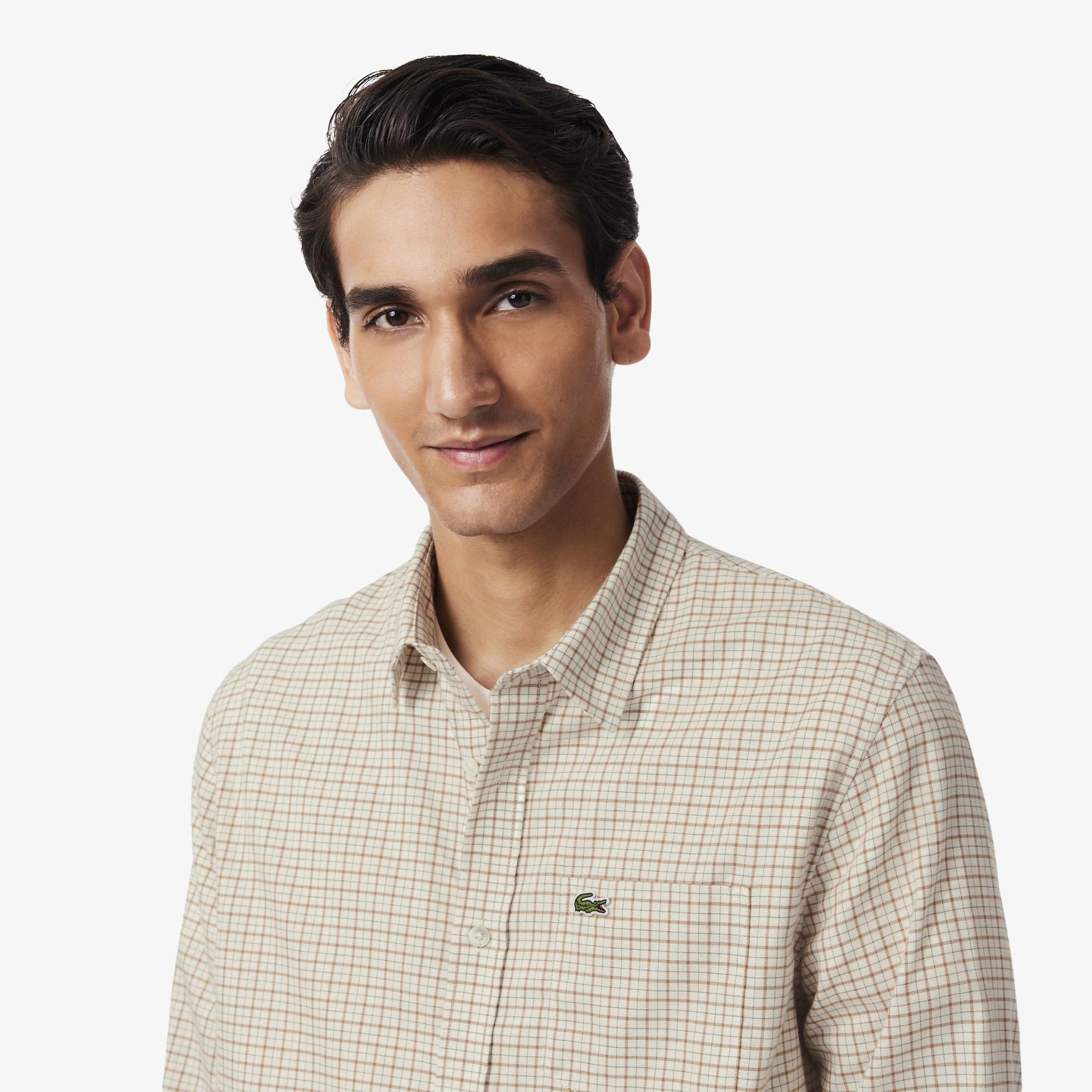Erkek Regular Fit Kareli Krem Gömlek