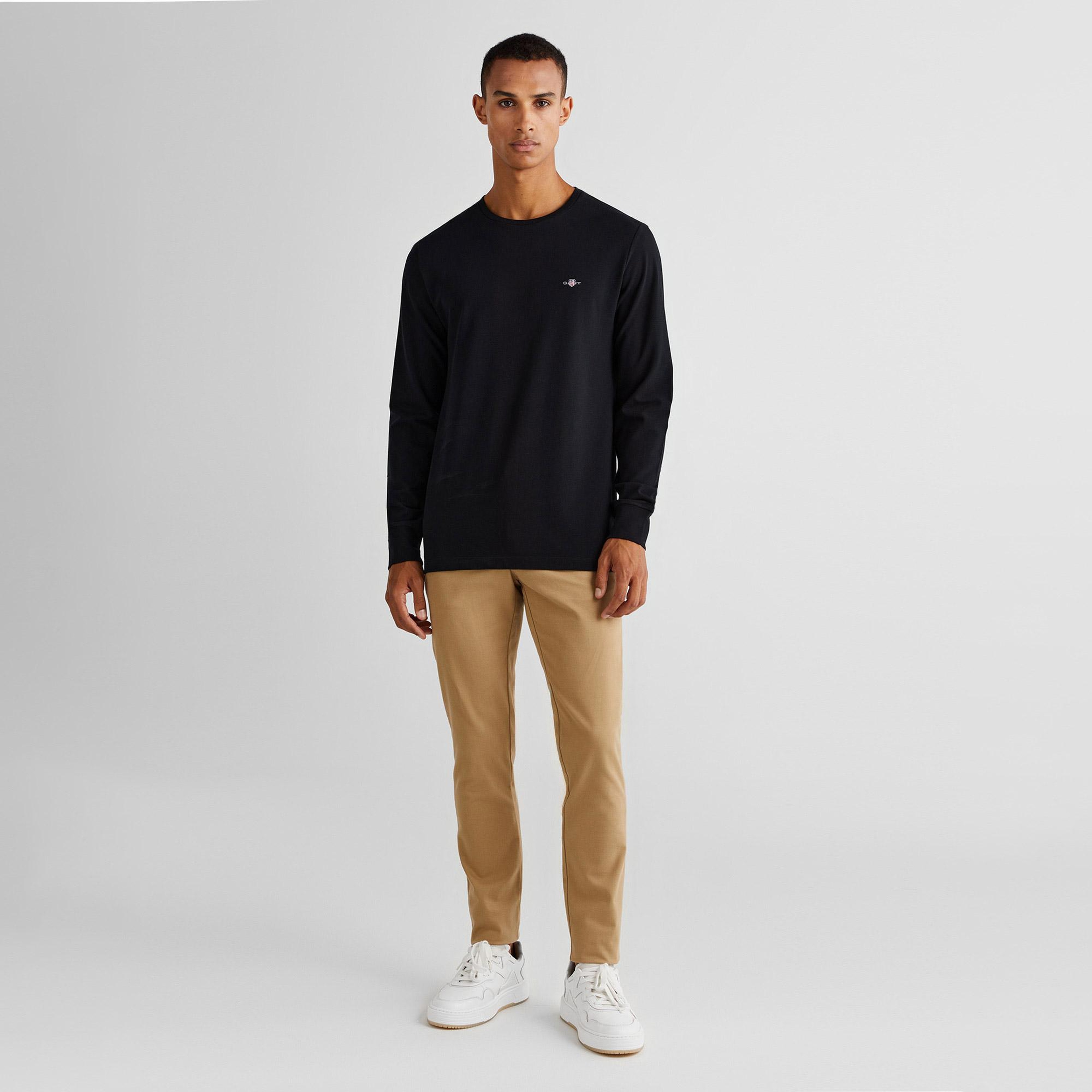 GANT Erkek Siyah Slim Fit Bisiklet Yaka Uzun Kollu T-Shirt