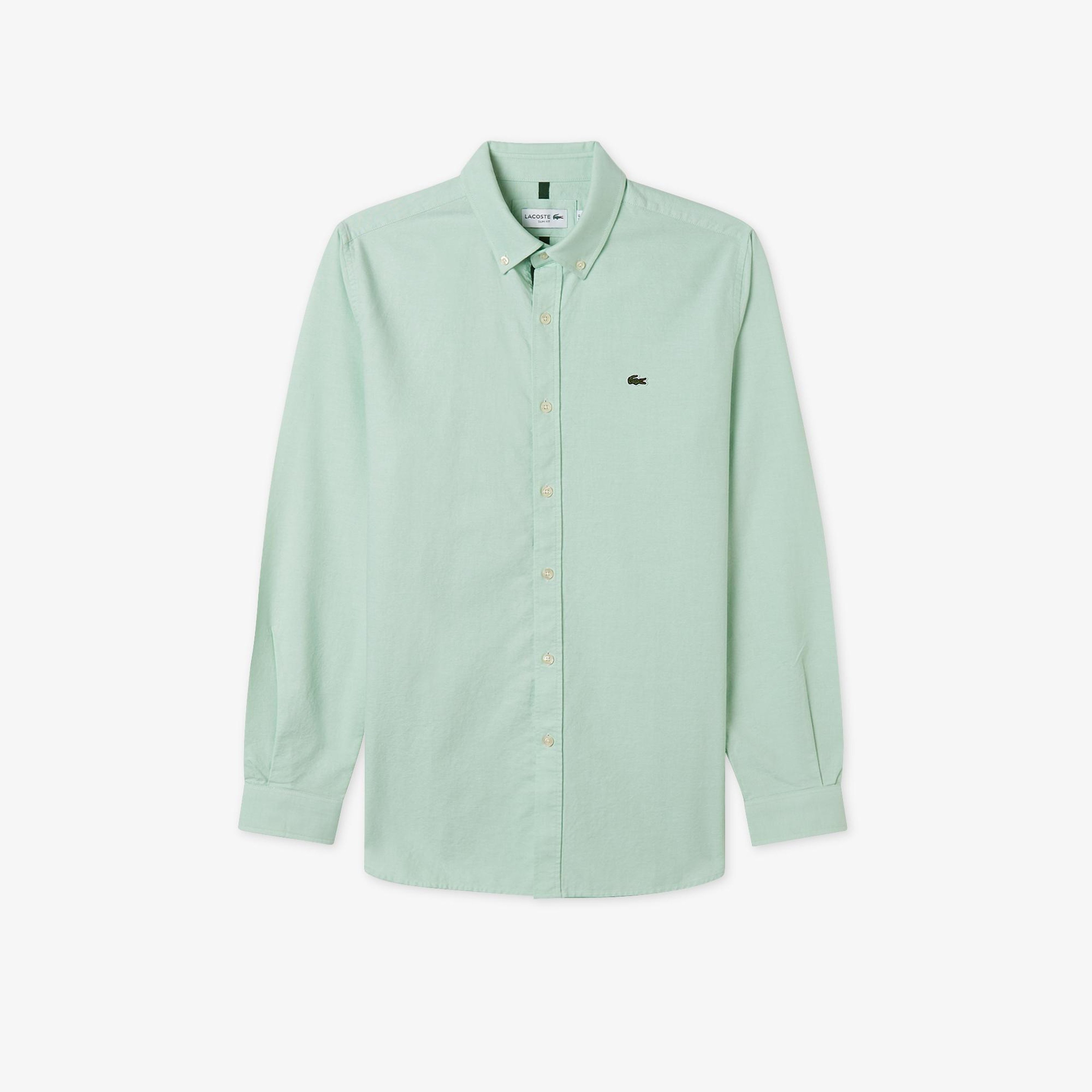 Erkek Slim Fit Düğmeli Yaka Açık Yeşil Gömlek