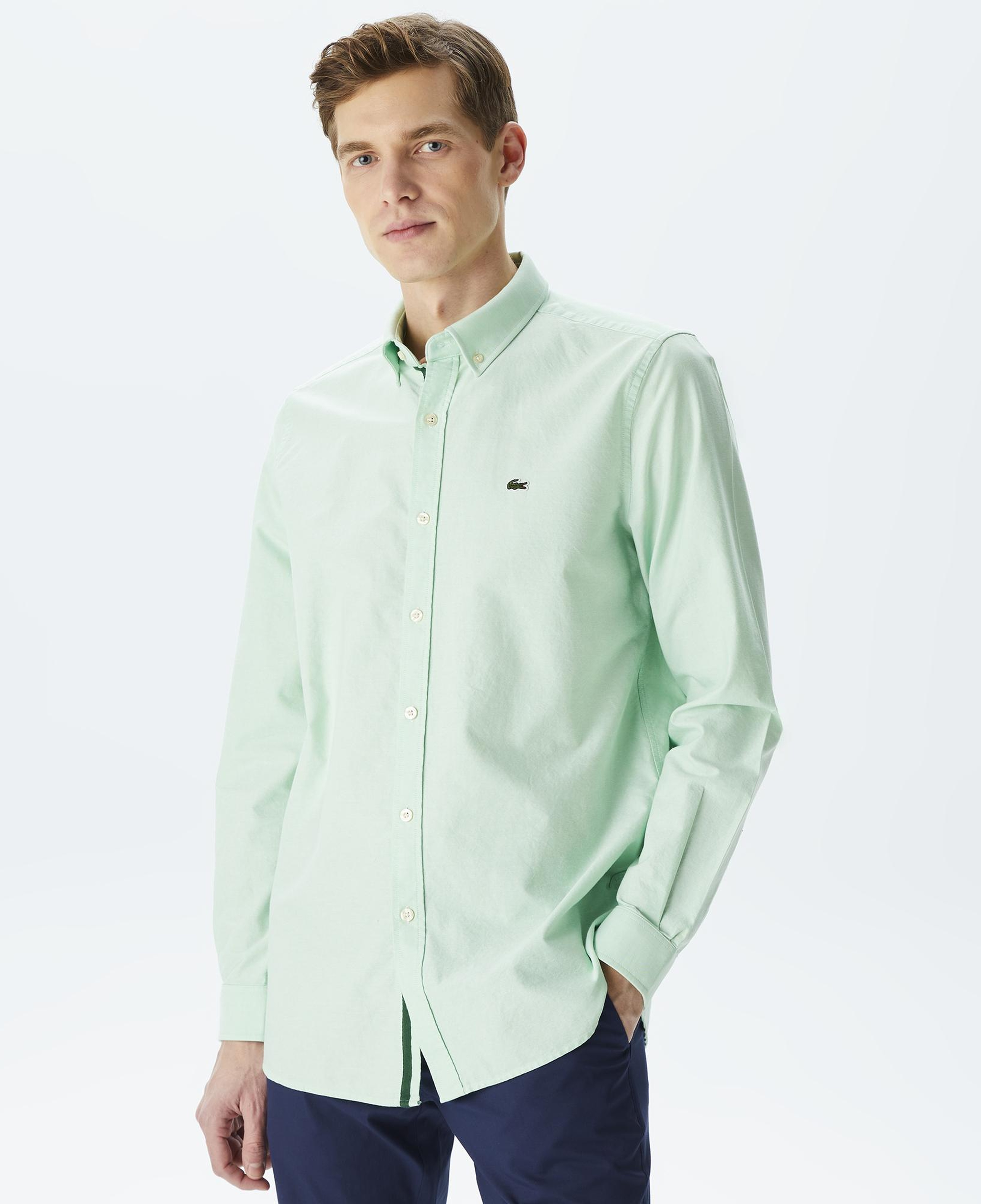 Erkek Slim Fit Düğmeli Yaka Açık Yeşil Gömlek