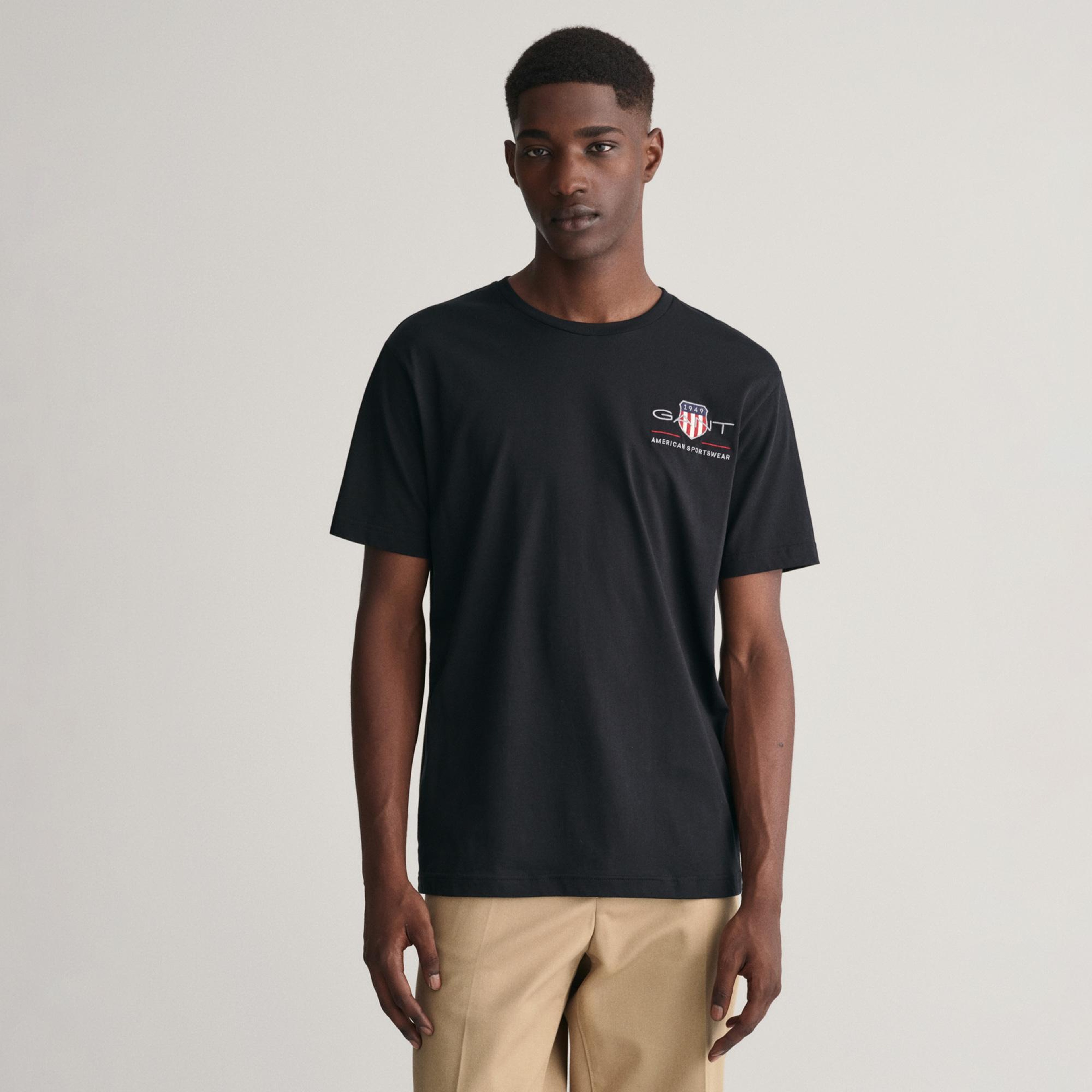 GANT Erkek Siyah Regular Fit Bisiklet Yaka Logolu T-shirt