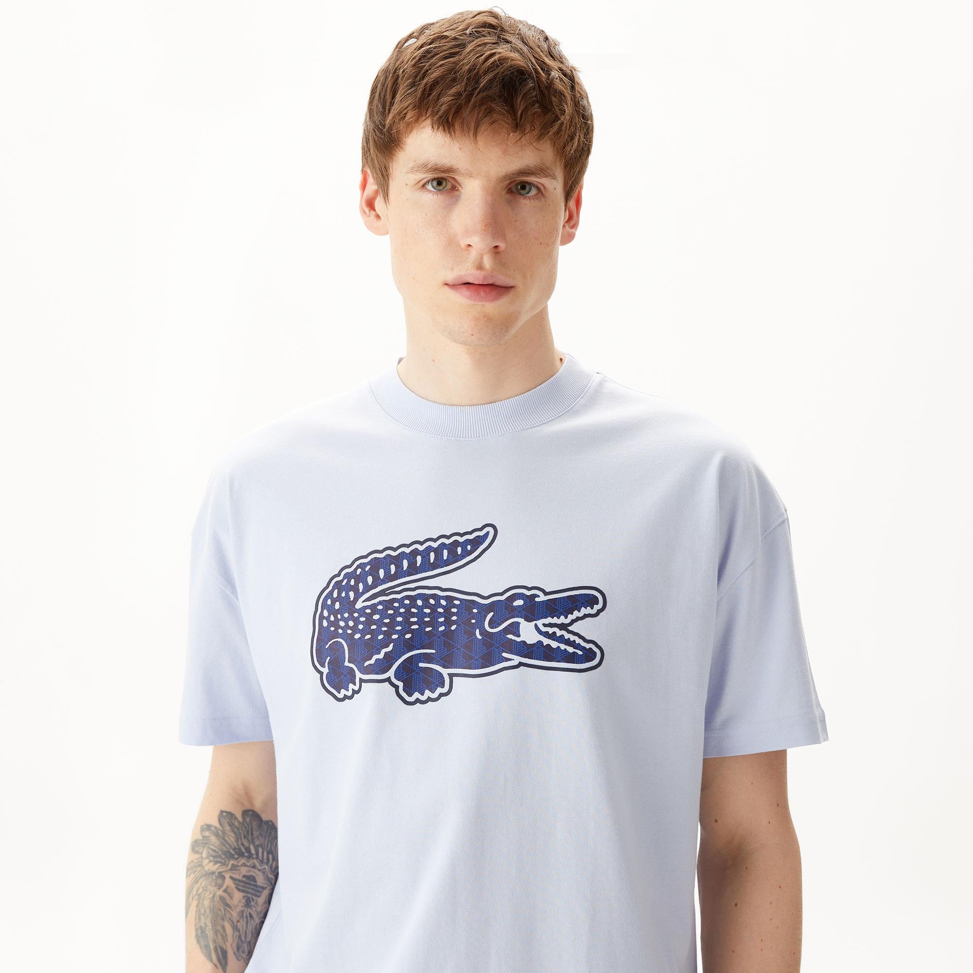 Erkek Relaxed Fit Bisiklet Yaka Baskılı Mavi T-Shirt