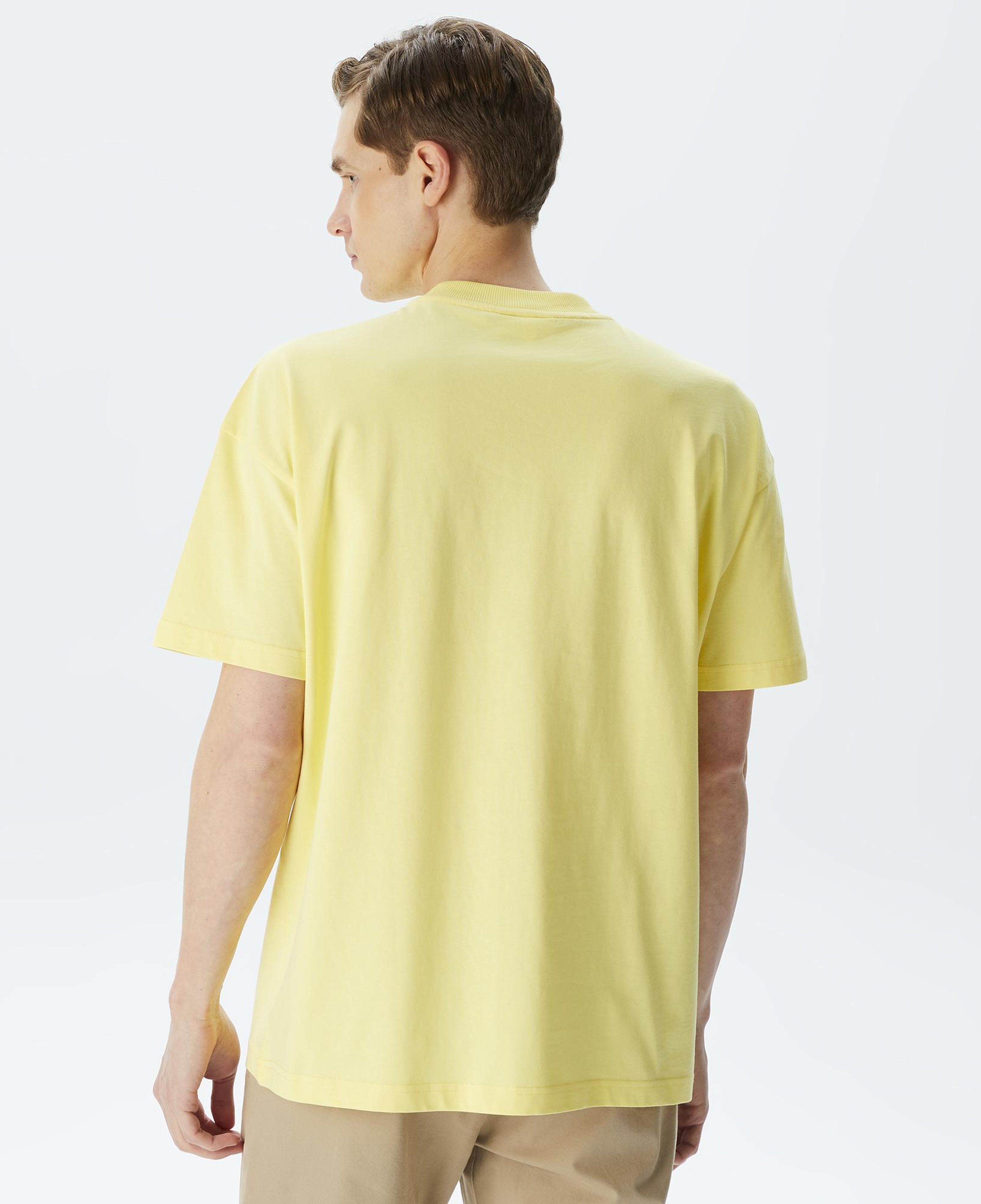Erkek Oversize Fit Bisiklet Yaka Baskılı Sarı T-Shirt