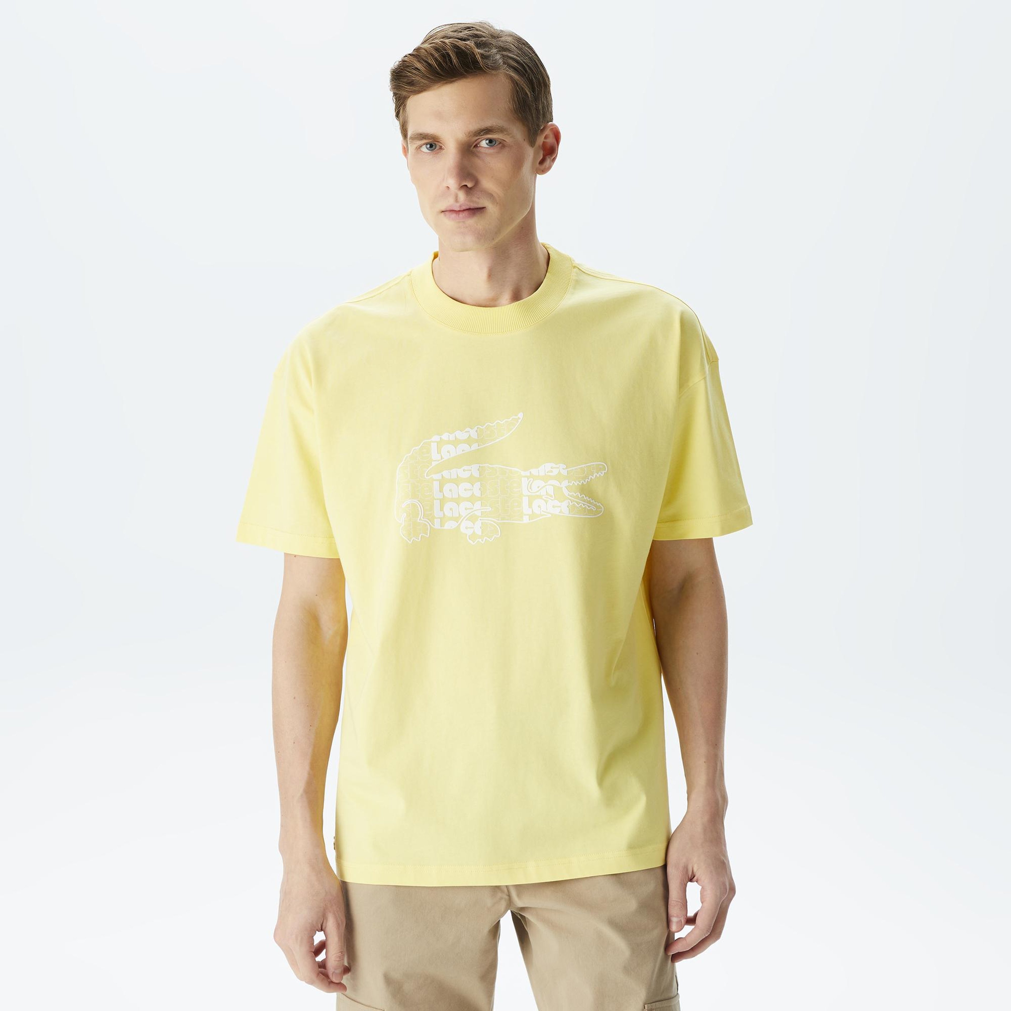 Erkek Oversize Fit Bisiklet Yaka Baskılı Sarı T-Shirt