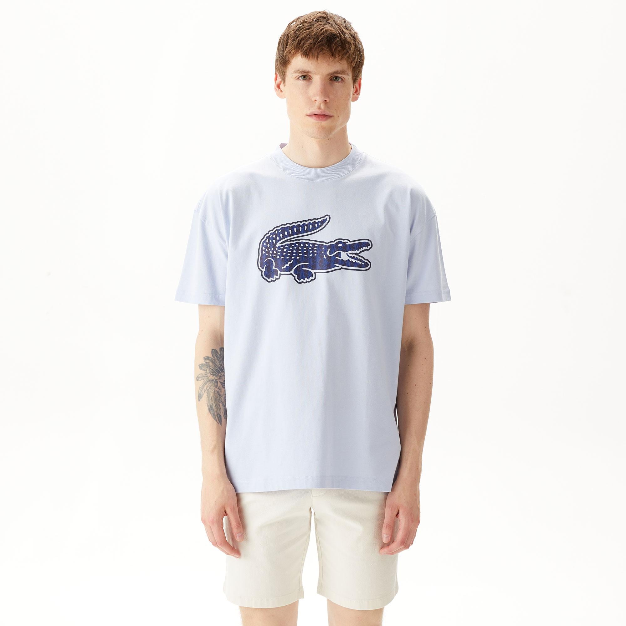 Erkek Relaxed Fit Bisiklet Yaka Baskılı Mavi T-Shirt