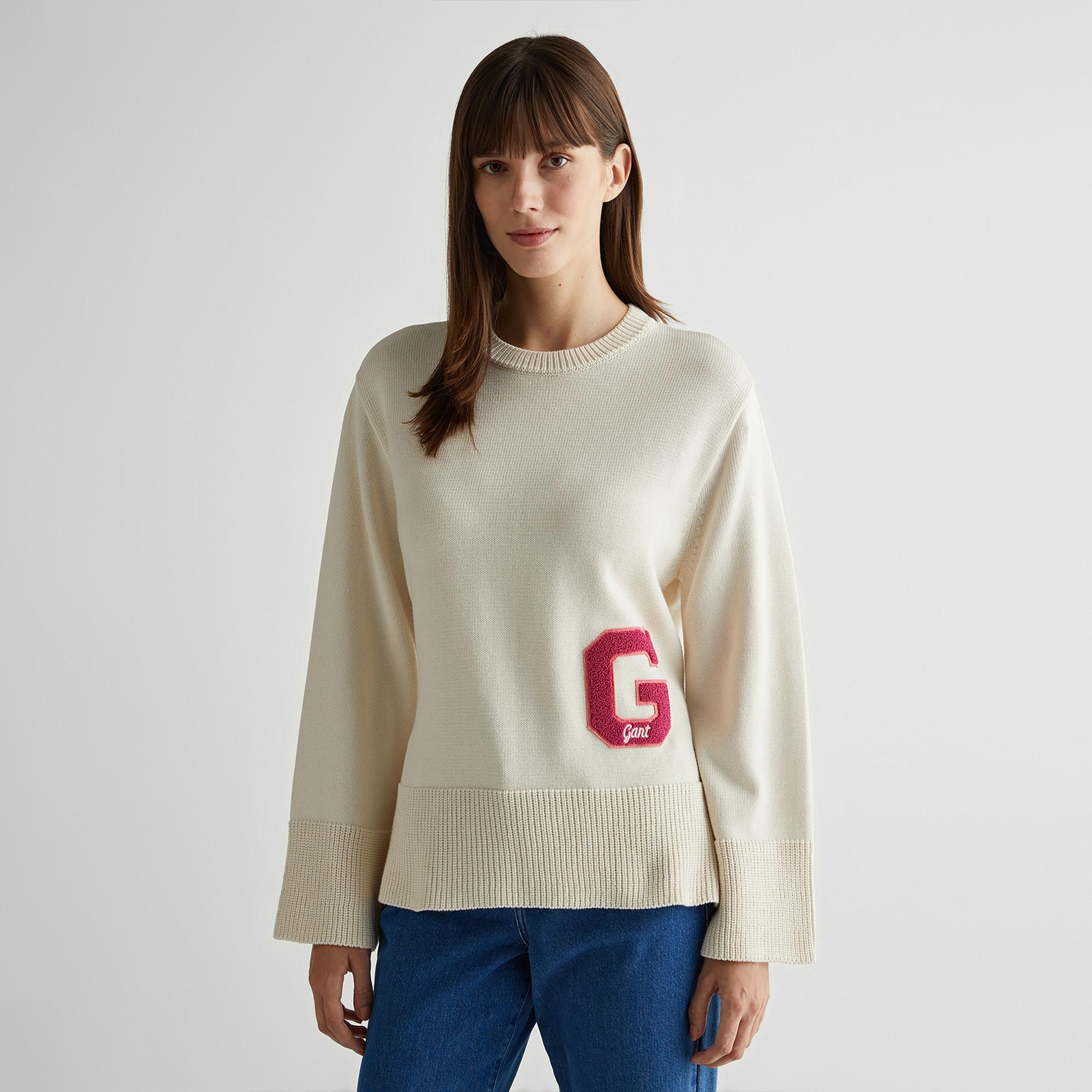 GANT Kadın Krem Oversize Fit Bisiklet Yaka Logolu Kazak