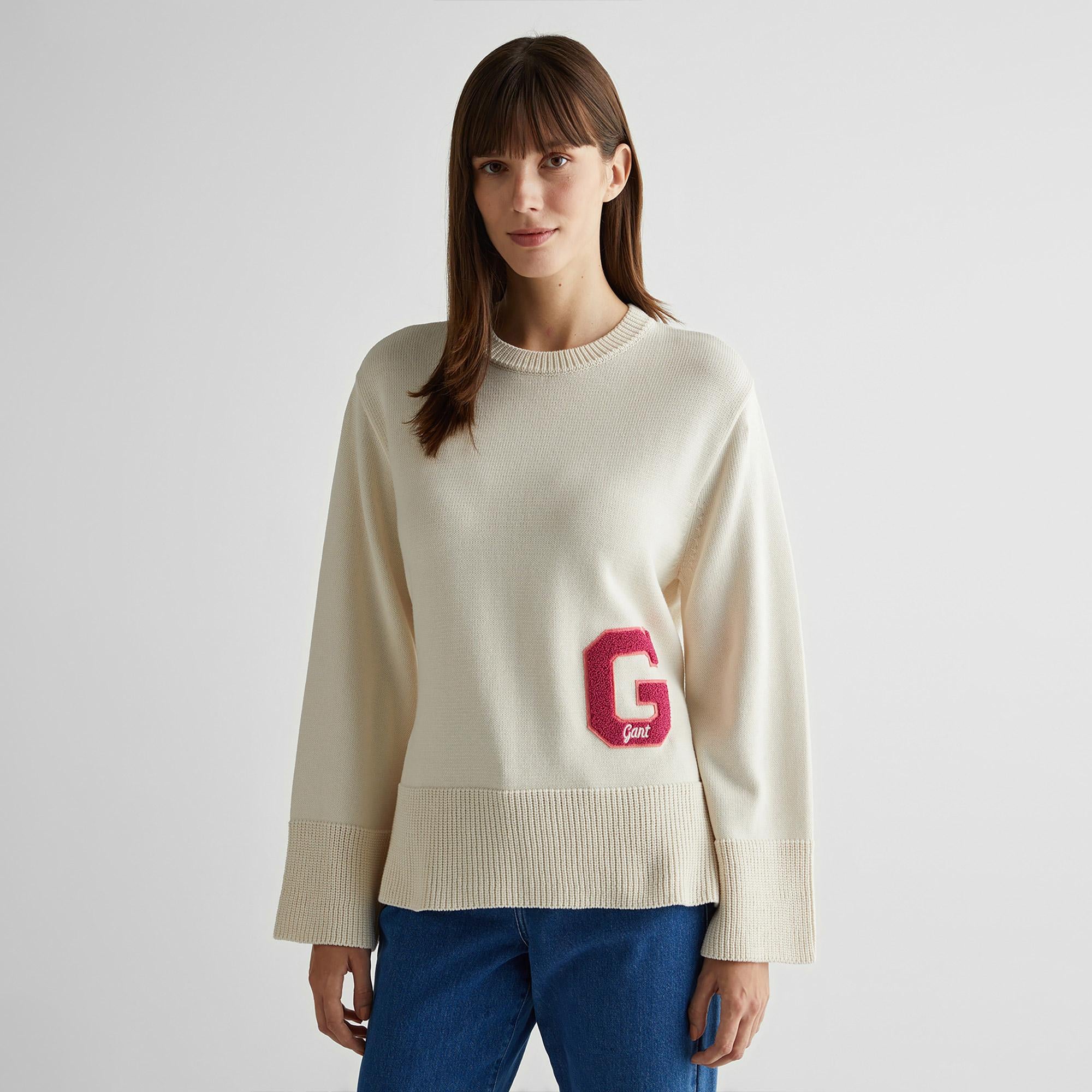 GANT Kadın Krem Oversize Fit Bisiklet Yaka Logolu Kazak