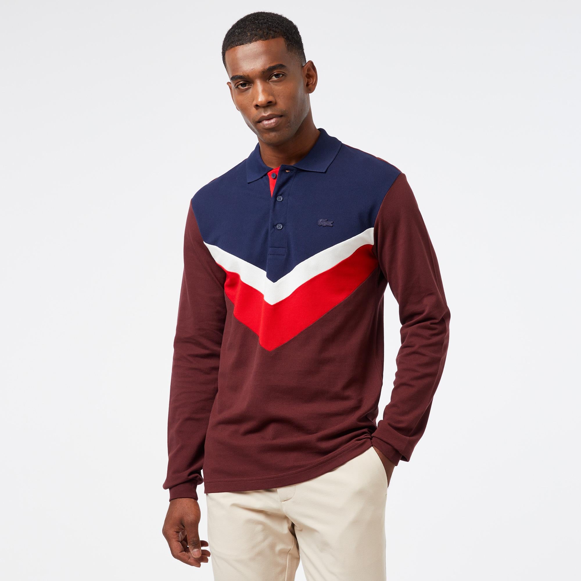 Erkek Classic Fit Uzun Kollu Renk Bloklu Bordo Polo