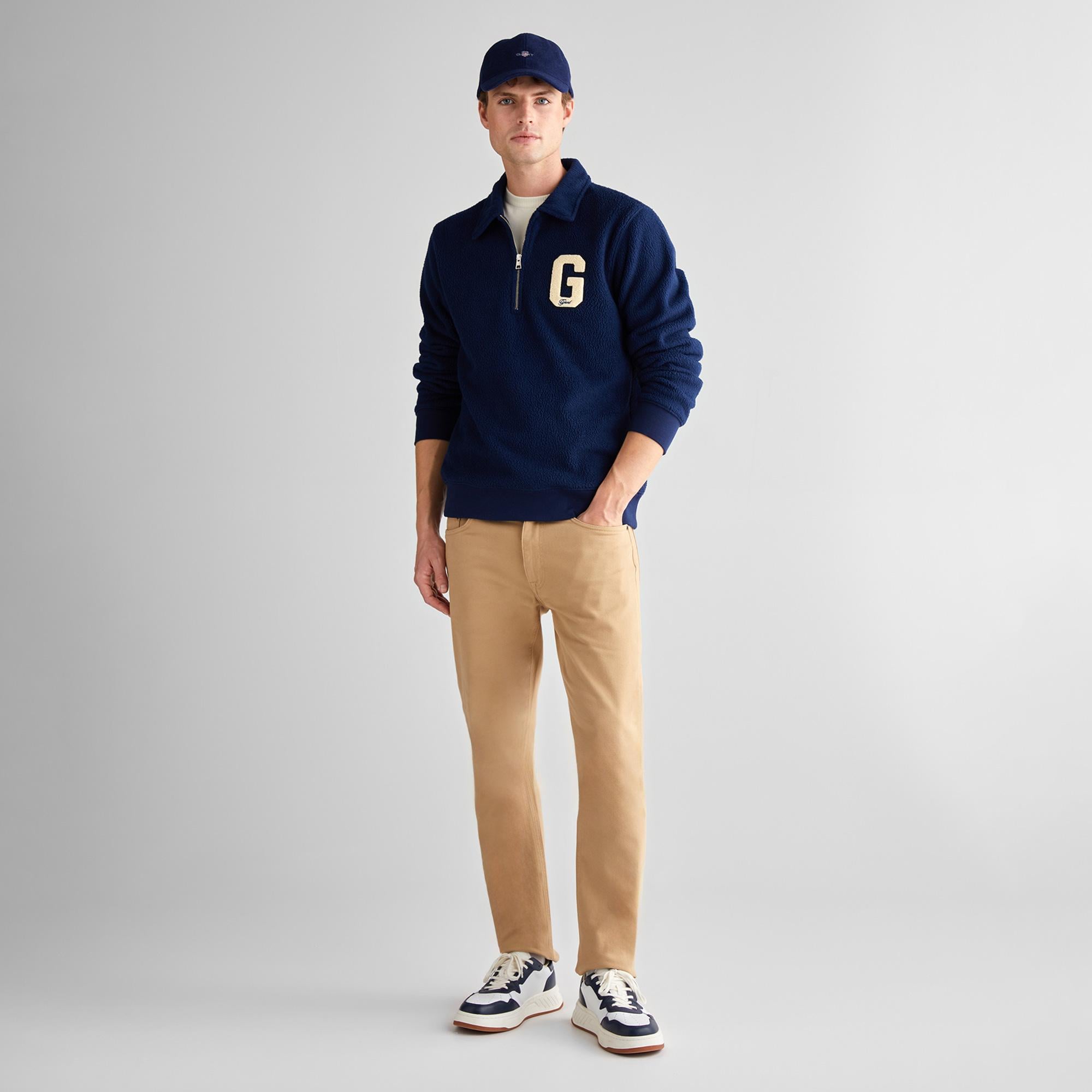 GANT Erkek Lacivert Regular Fit Yarım Fermuarlı Logolu Sweatshirt