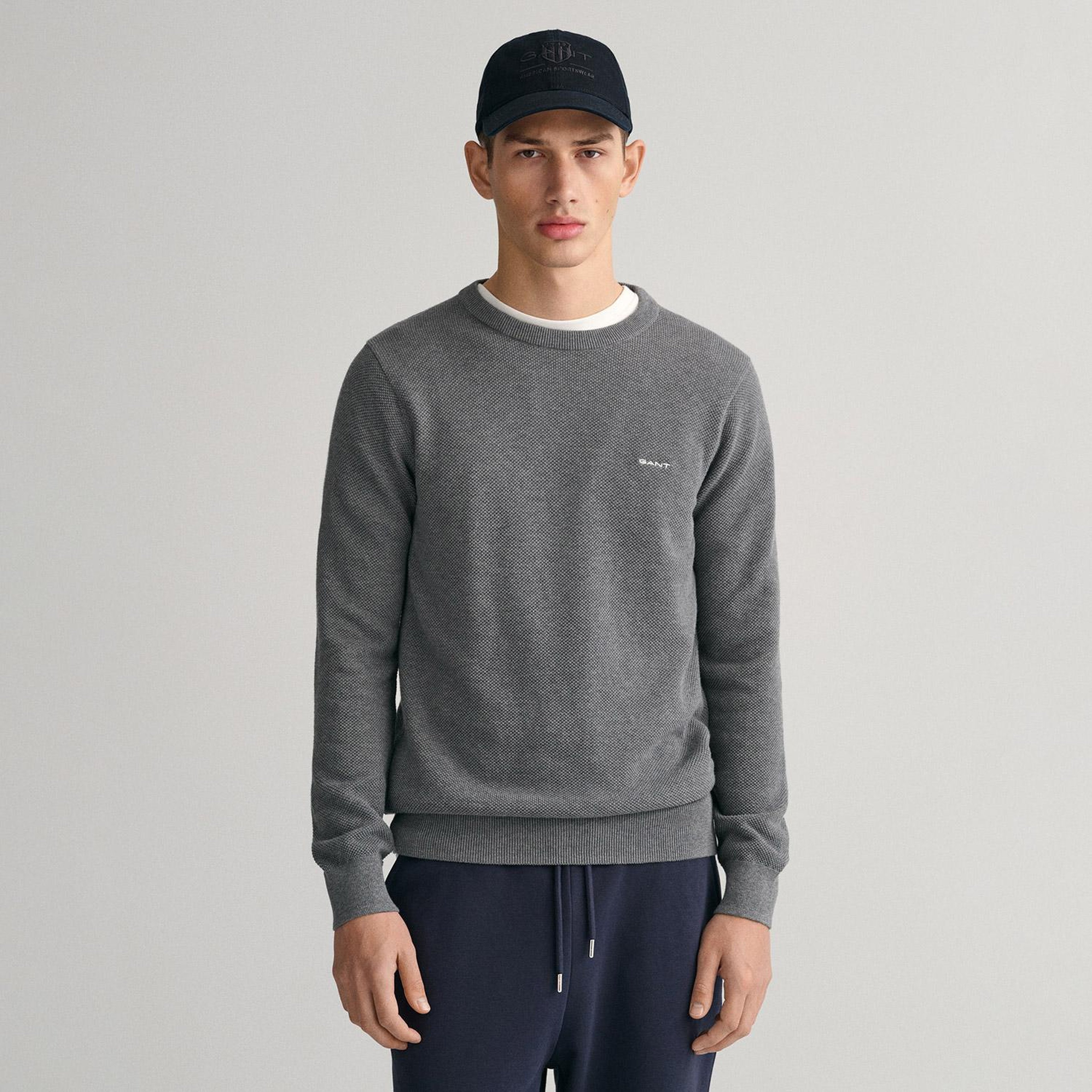 GANT Erkek Gri Regular Fit Bisiklet Yaka Kazak