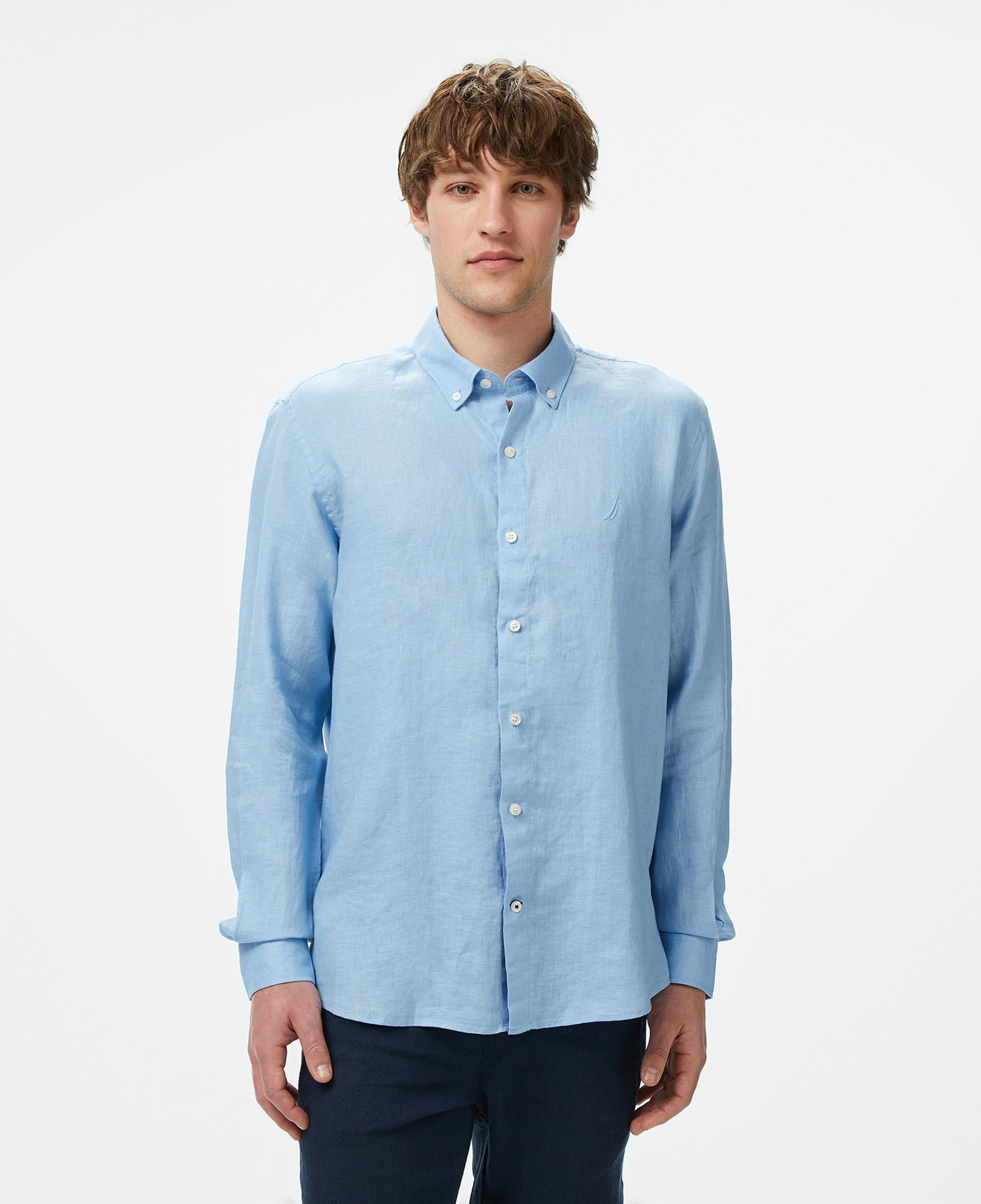 Nautica Erkek Mavi Classic Fit Keten Gömlek