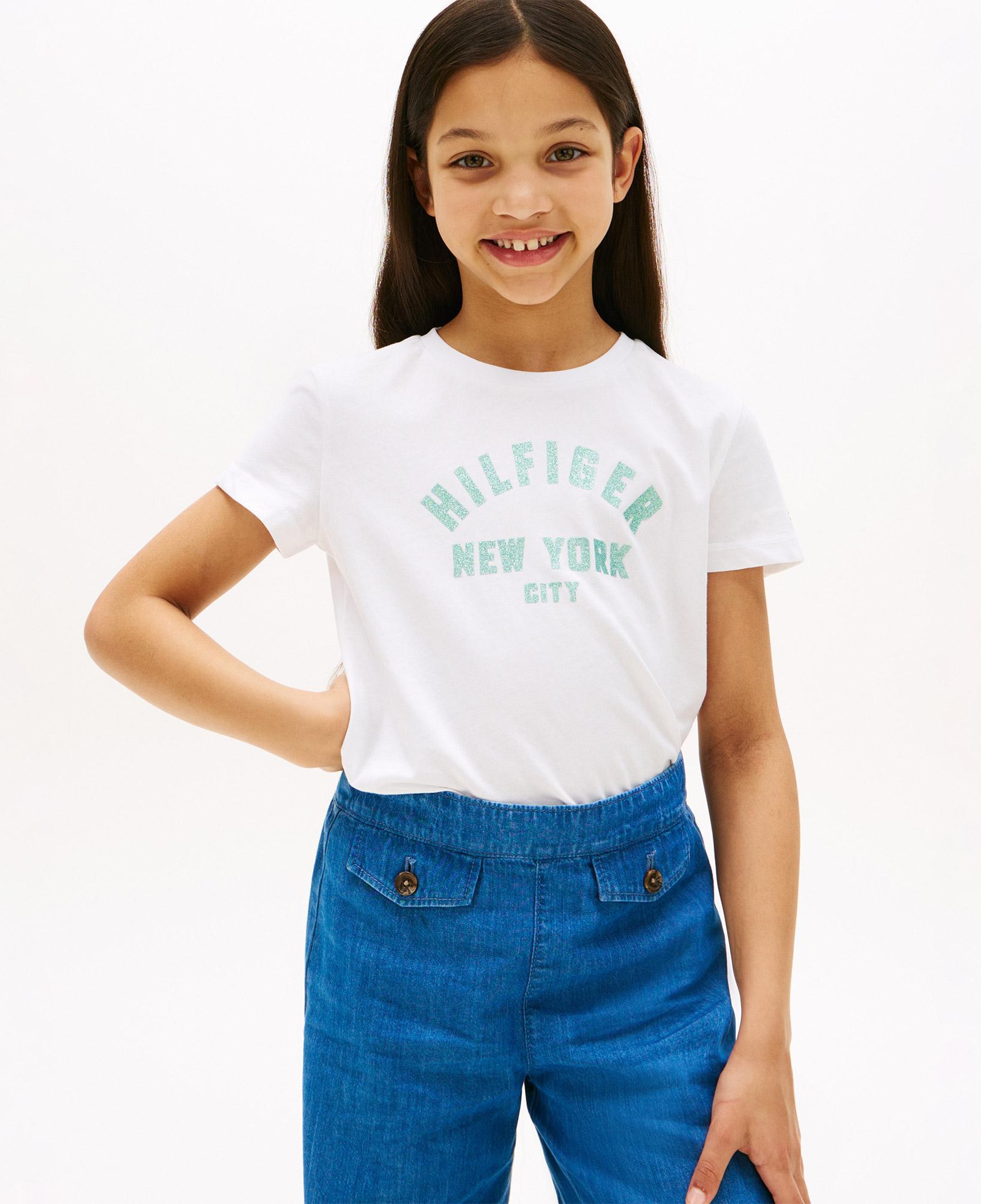 Tommy Hilfiger Glitter Curve NYC Logo Çocuk Beyaz T-Shirt