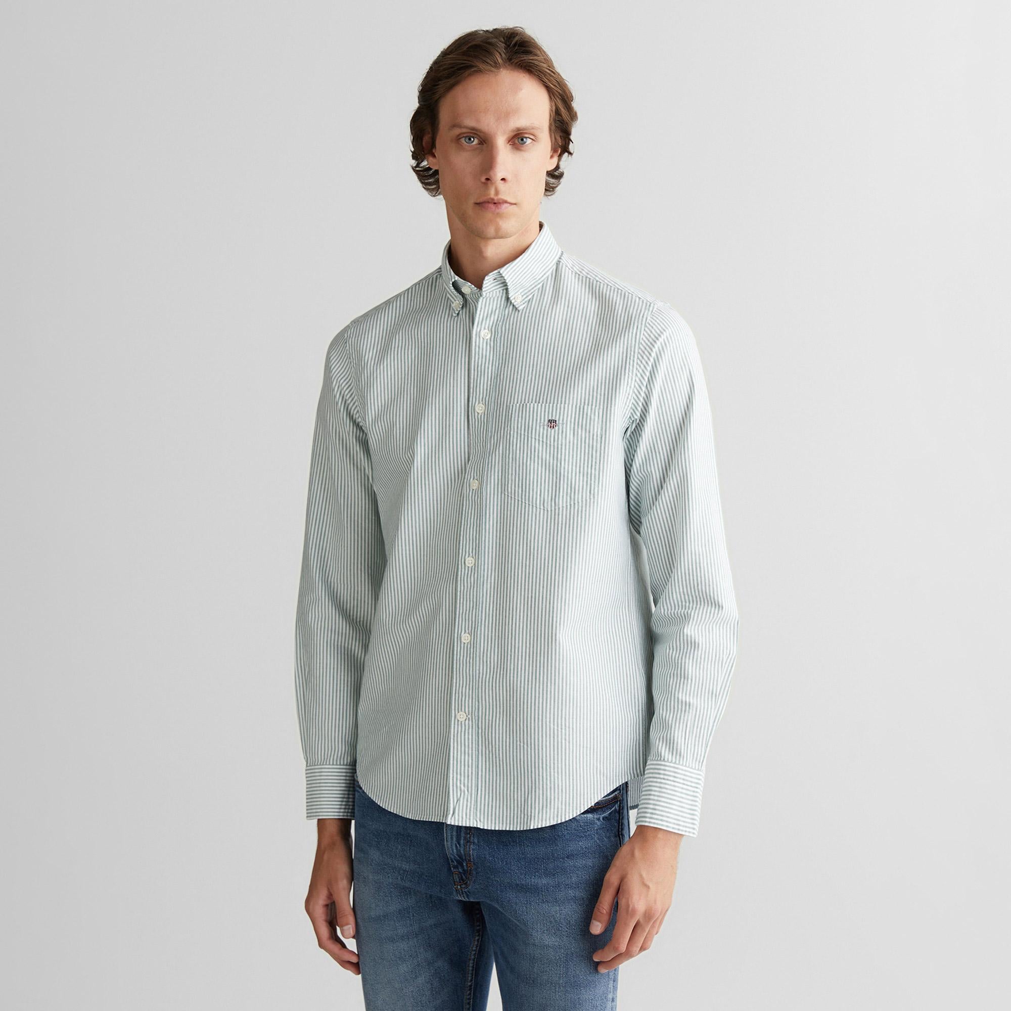 GANT Erkek Yeşil Regular Fit Düğmeli Yaka Çizgili Oxford Gömlek