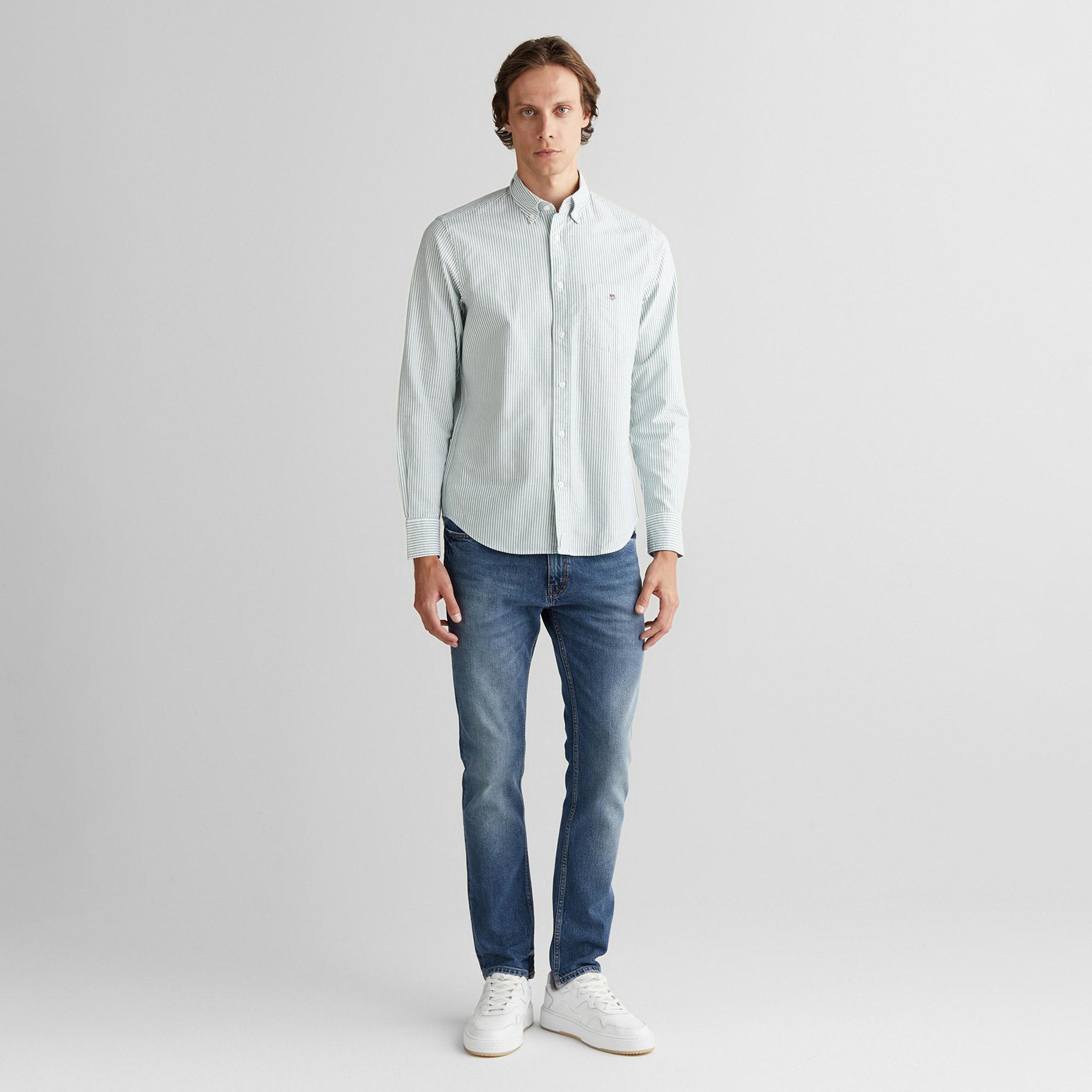 GANT Erkek Yeşil Regular Fit Düğmeli Yaka Çizgili Oxford Gömlek