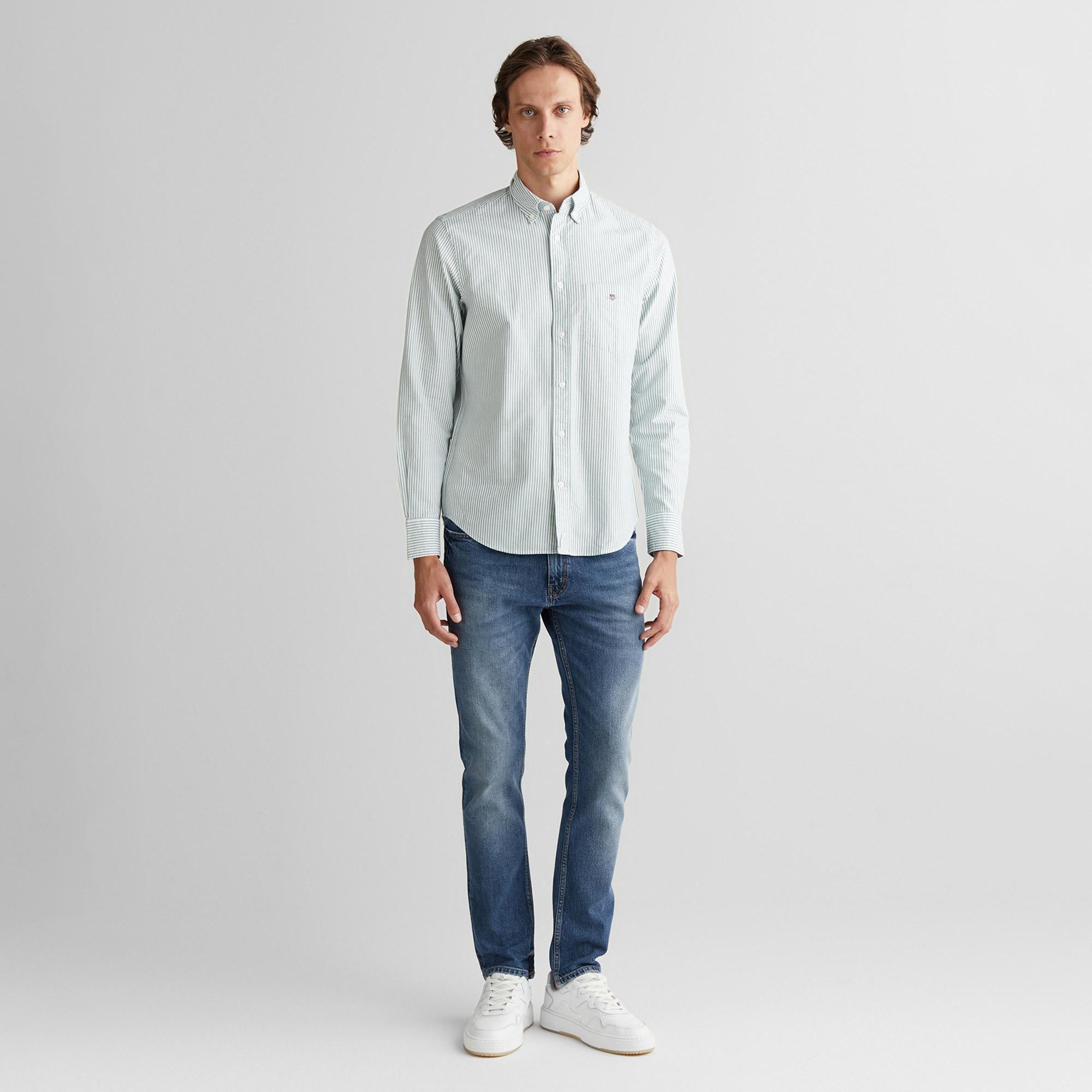 GANT Erkek Yeşil Regular Fit Düğmeli Yaka Çizgili Oxford Gömlek